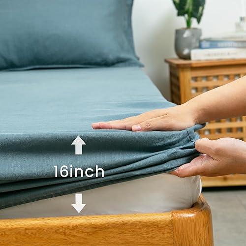 Miniatura 10 de S VICTORY SYMBOL Sábana bajera ajustable 100% lino orgánico, tamaño Queen, con elástico en todo alrededor, se adapta a colchones de hasta 16