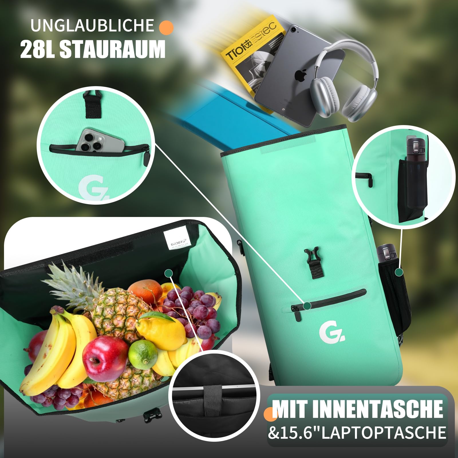 GUOOTU 3in1 Fahrradtasche für Gepäckträger,Fahrradtasche Rucksack 28L,Gepäckträgertasche, wasserdichte & Reflektierende Fahrradtasche - Mit 15.6" Laptopfach (Grün)