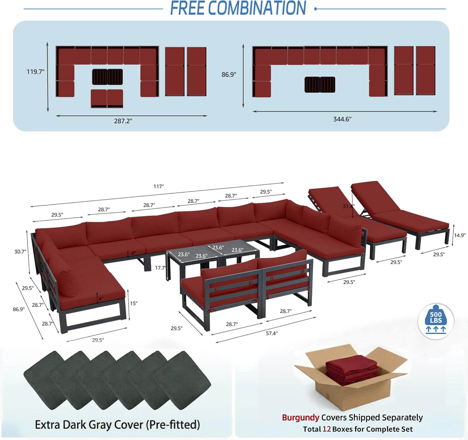 NICESOUL 16 Piece Oversized Modular Aluminum Outdoor Furniture Set with Chaise Lounge, 29" Deep and Wide Sectional Seating, 500 lbs High Weight Capacity Patio Conversation Set for Poolside, Burgundy