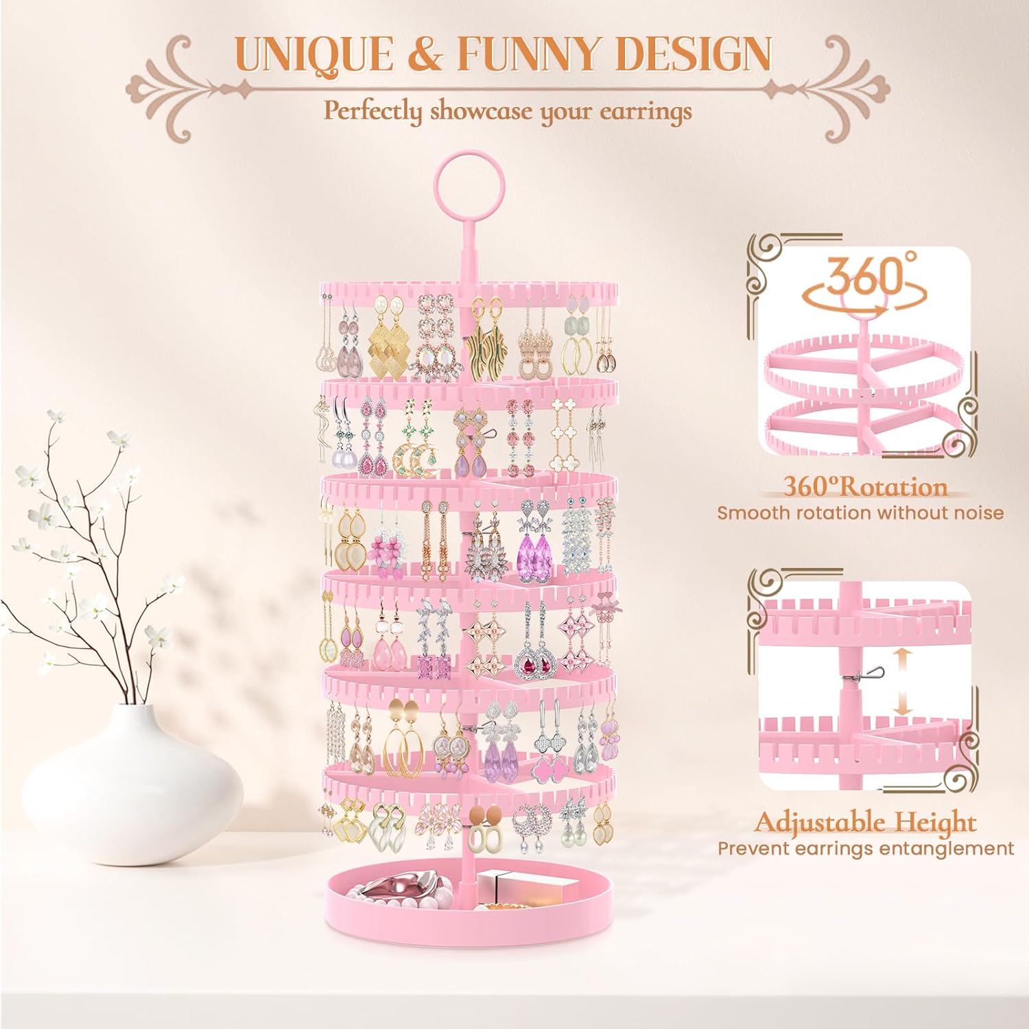 iDavosic.ly 6 Tier Rotating Earring Holder Organizer with Metal Tray, Adjustable Plastic Dangle Display Stands Tree with 342 Grooves, Large Hoop Storage Rack Tower, Pink