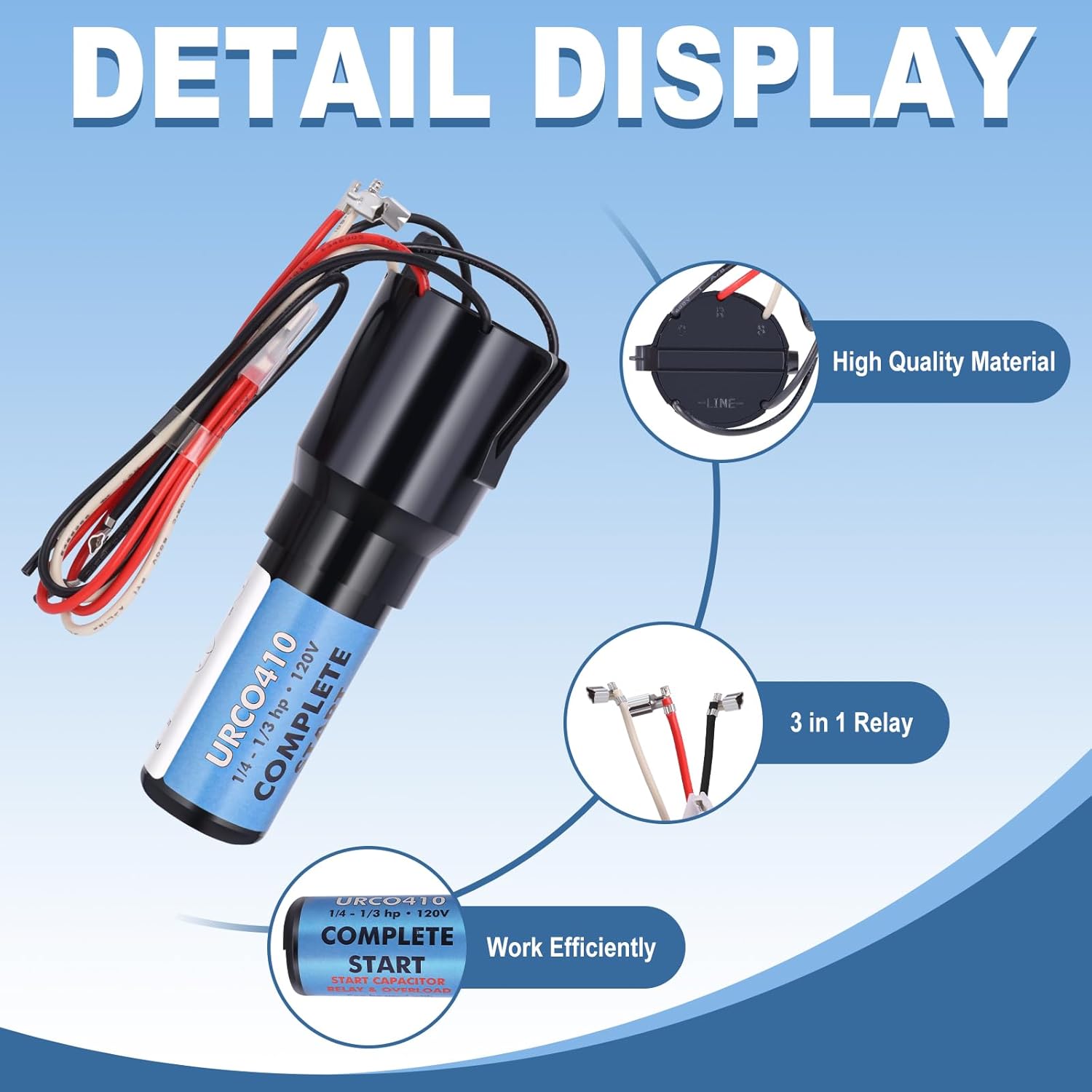 URCO410 3 in 1 Hard Start Kit Compatible with Refrigerators and Freezers (3 Pcs), 115V AC Solid State Relay Overload Protection for 1/4 to 1/3 HP Compressor Hard Start Capacitor