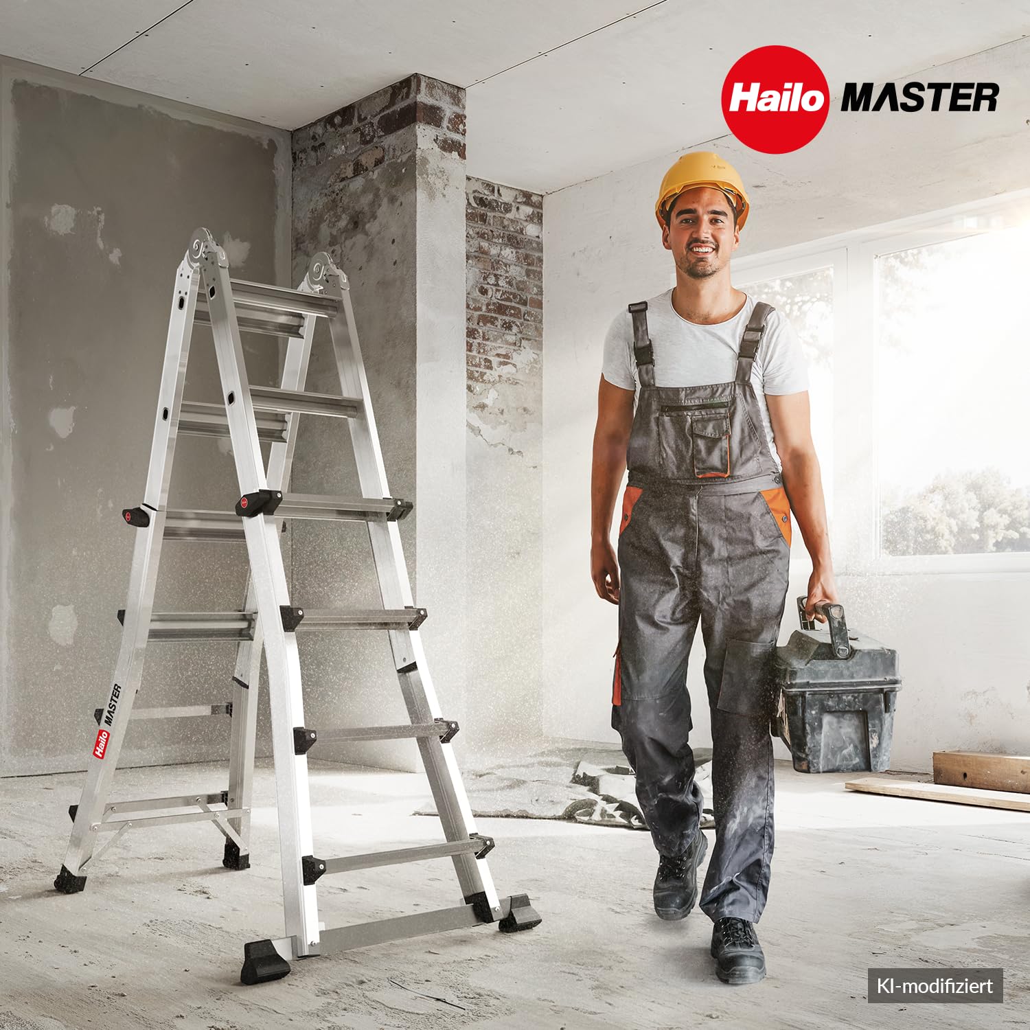 Hailo Master M100 Alu-Multifunktionsleiter 4x4 Stufen bis 150 kg, Silber | Verwendbar als Anlege-, Schiebe- und Stehleiter, Stufen im Arbeitsbereich für sicheren Stand