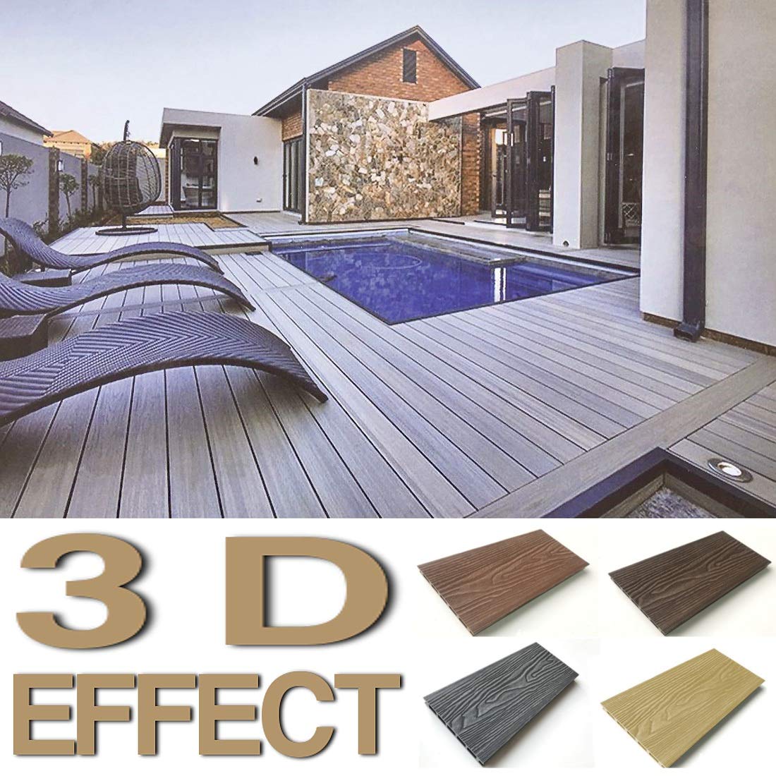 Listones de WPC 3D efecto madera compuesto resina grosor 25 mm para pavimentos jardín suelos suelos suelos color gris oscuro