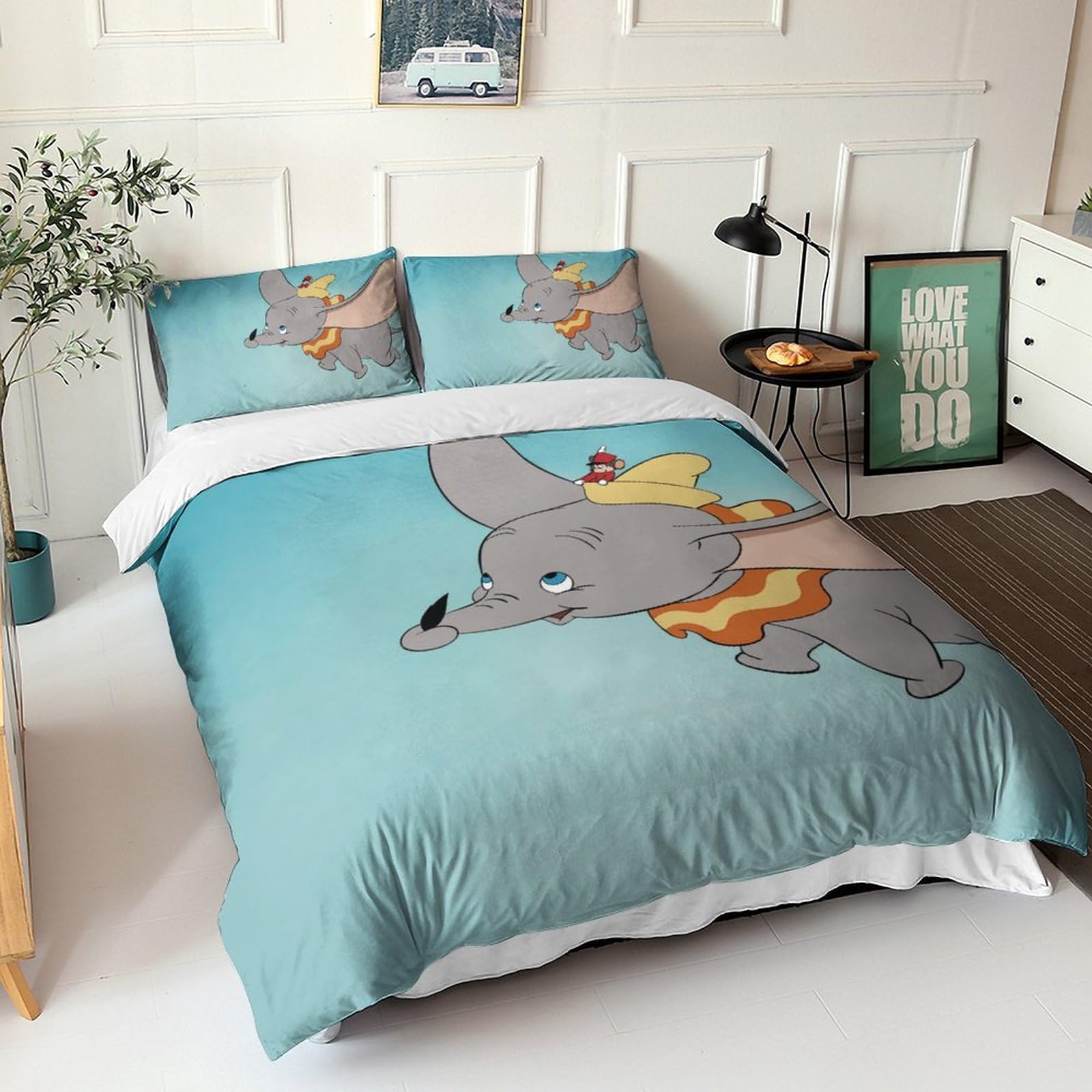 Parure De Lit Imprimée 3D Dumbo - Housse De Couette Microfibre Douce Respirante Avec Taies D'Oreiller, Chambre Simple 140x200cm