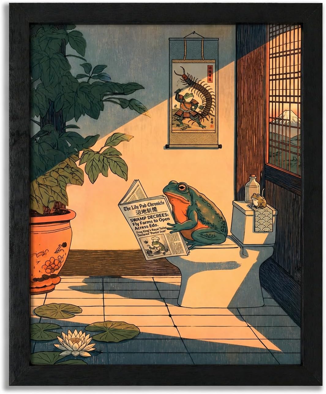 Funny Frog Bathroom Wall Art - Vintage Japanese Ukiyo-e Frog Reading Newspaper on Toilet Canvas Print, Quirky Restroom Decor, Framed Animal Poster for Guest Bath & Half Bath (12x16 inch, Black Frame)