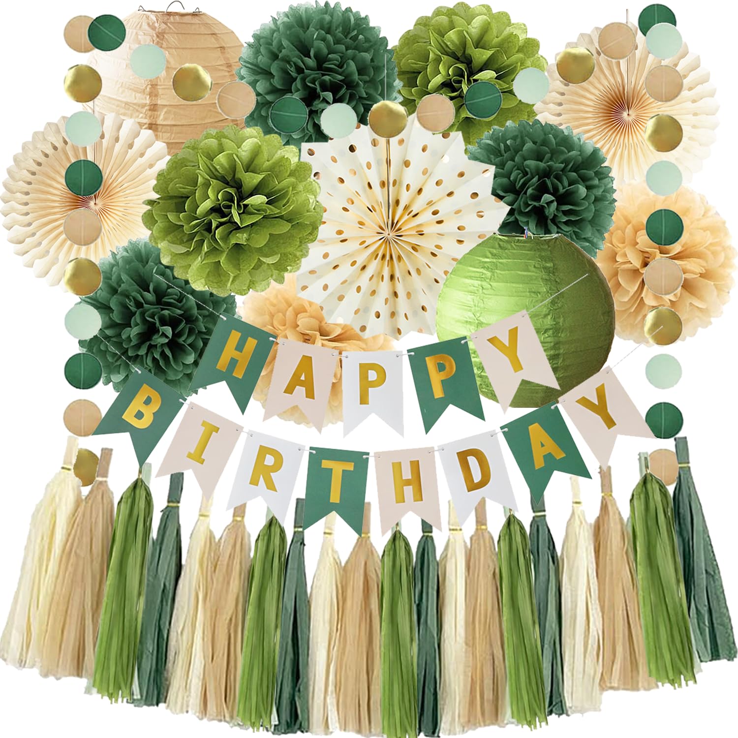 Green Birthday Party Decorations for Women Girls with Happy Birthday Banner Tissue Pom Poms Paper Lanterns Hanging Paper Fans Tassel Garlands Neutral Boho Birthday Baby Shower Wild Decoration
