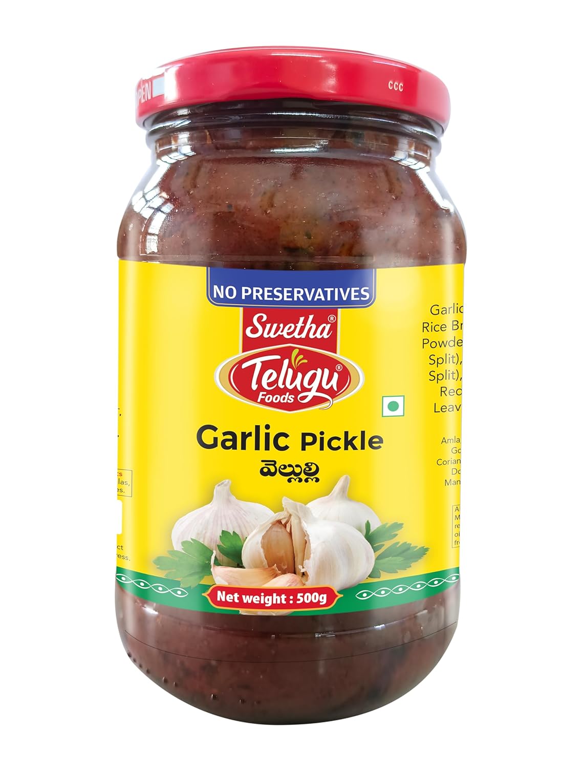 Swetha Telugu Foods Garlic Pickle, No Preservatives, 500g Pet Bottle