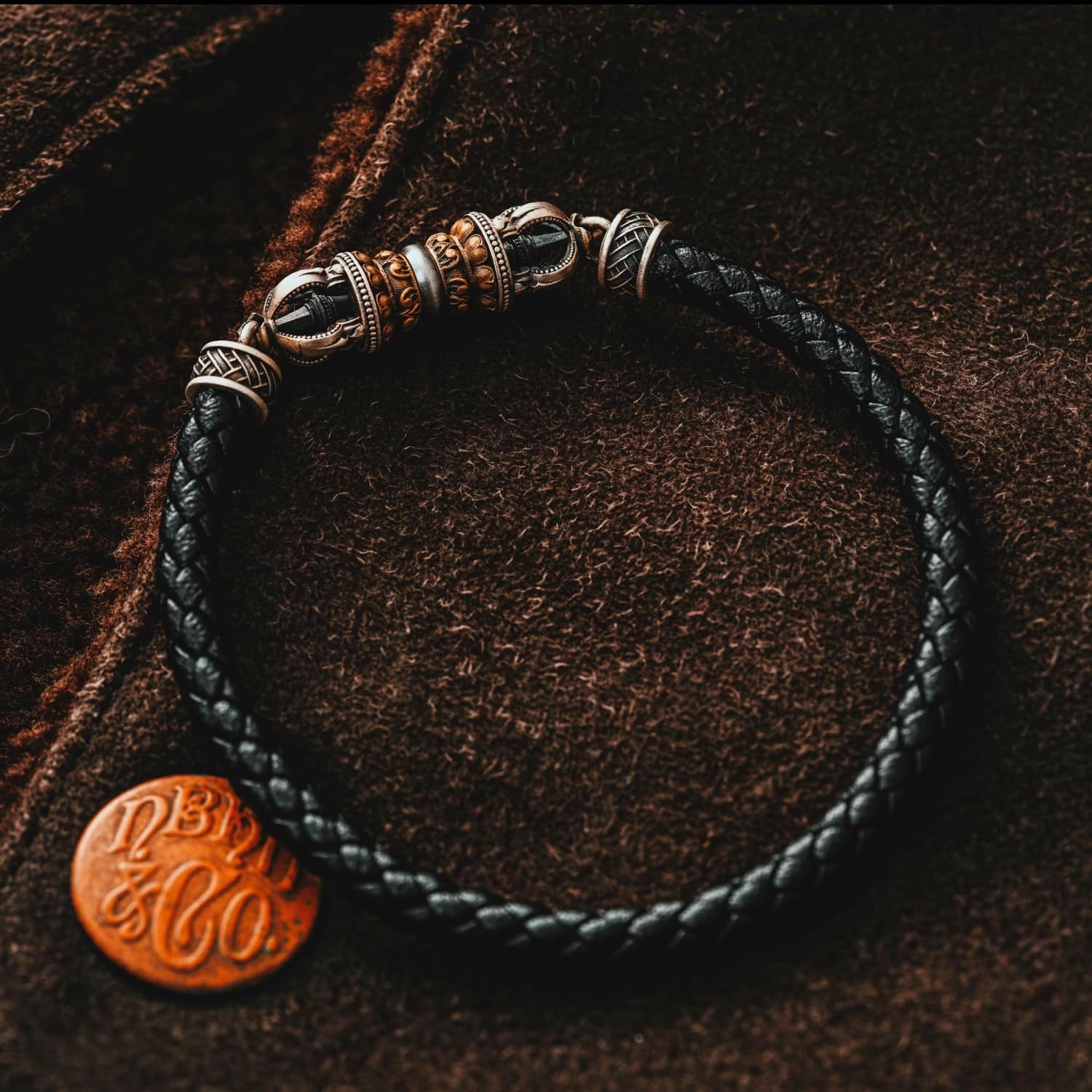 COPPERTIST.WU Vajra Leather Bracelet Braided Leather Strap 5mm Round Leather Cord Bangle for Men Women, 5/6/7/8/9 inches