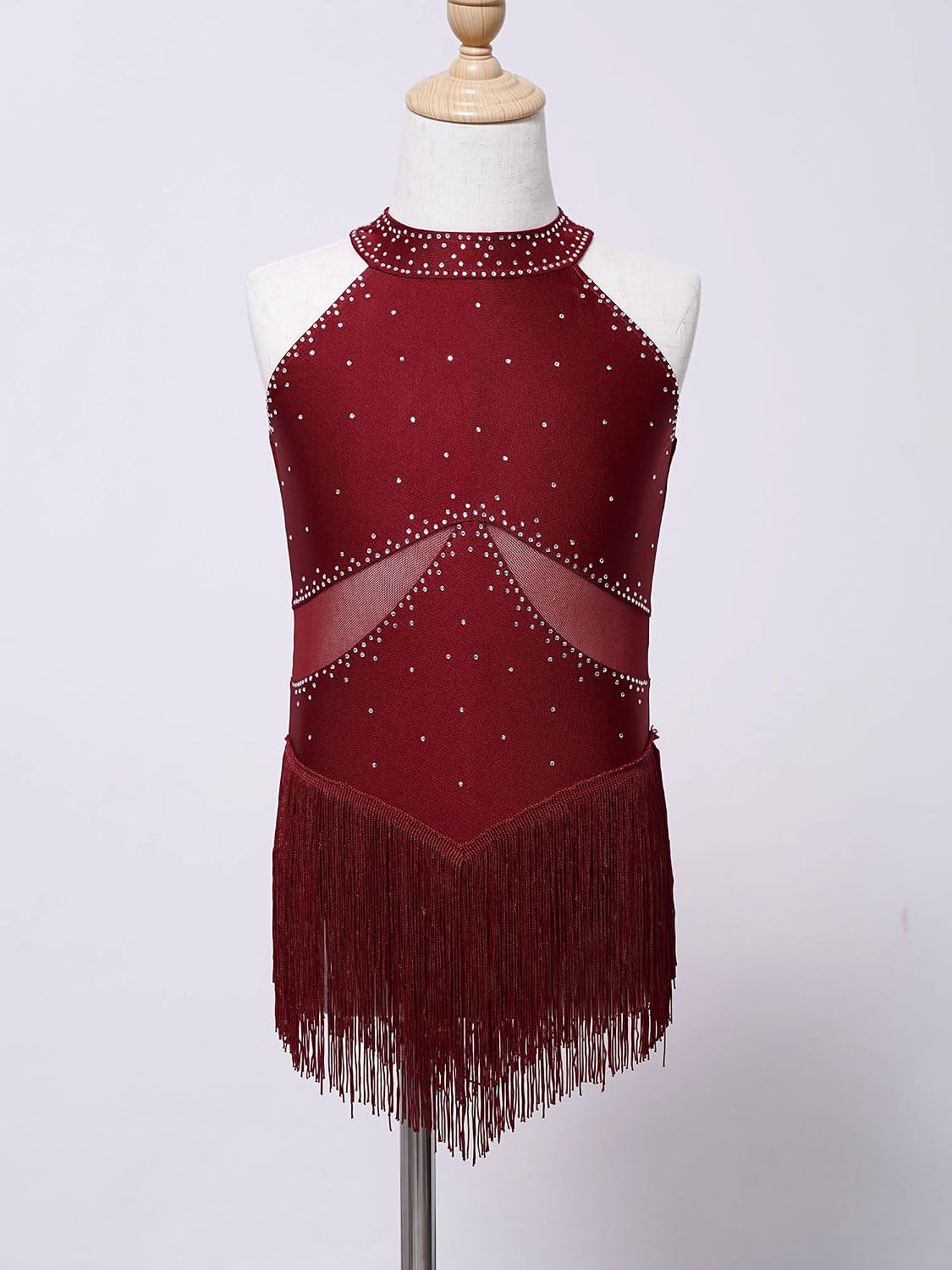 Kids Girls Glitter Sleeveless Jazz Latin Dress Keyhole Back Leotard with Tassel Skirts Dance Outfits