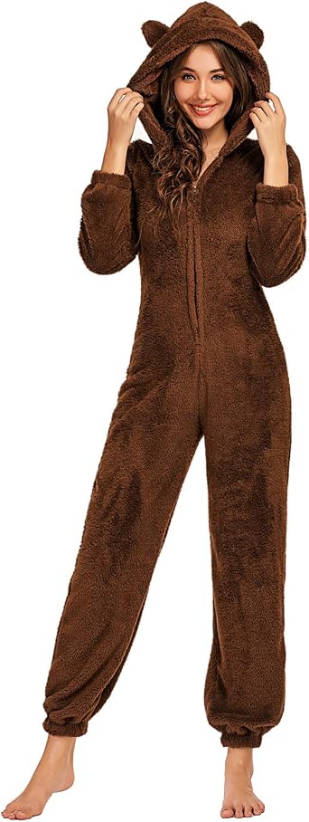 Women One Piece Fuzzy Warm Sherpa Hooded Pajamas Jumpsuit Zip Up Onesie Sleepwear with Bear Ear Nightwear