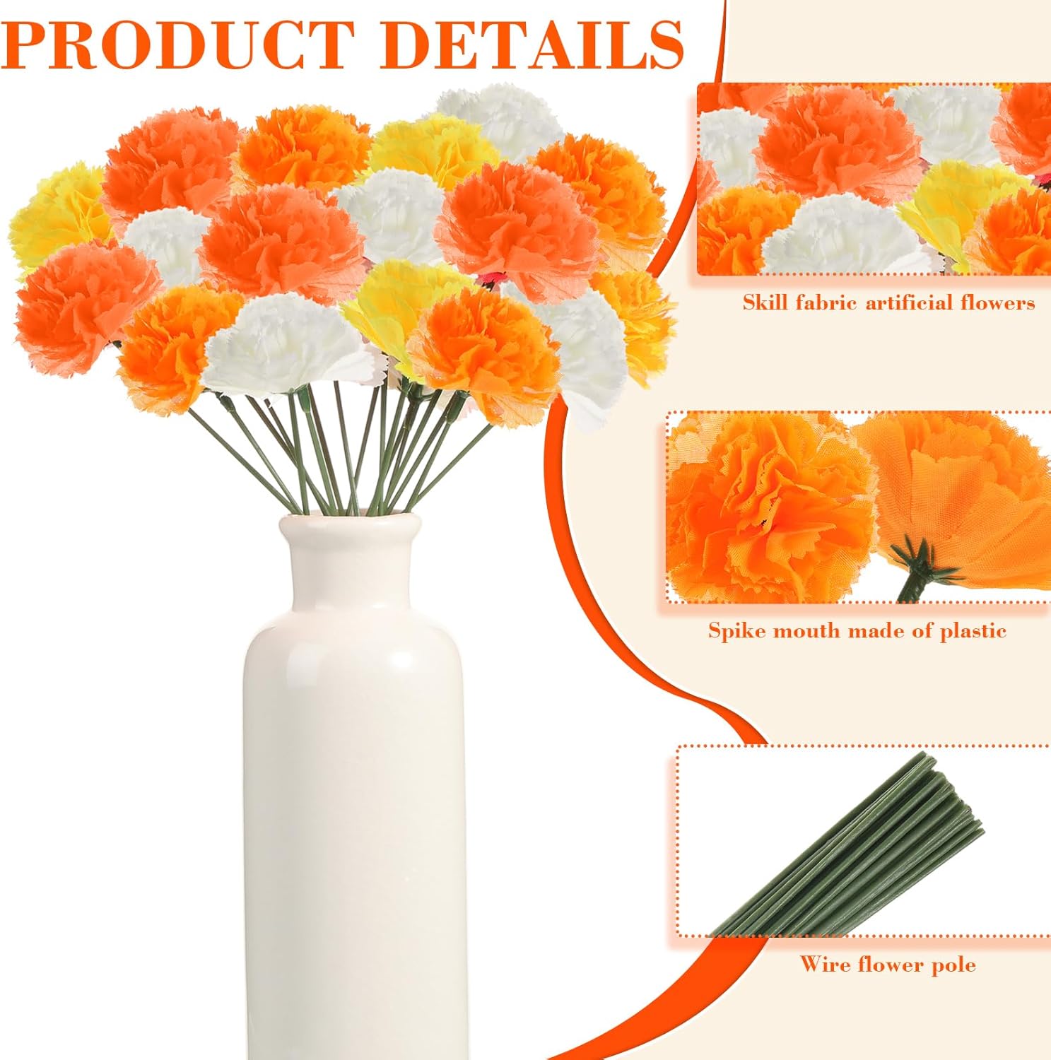 Tigeen 120 Pcs Silk Carnation Flower Artificial Carnations Fake Carnations Artificial Flowers Head for Wedding Decoration, DIY, Funeral Arrangements Wreaths Diameter 3.5'' and 6'' Stem (Classic Color)