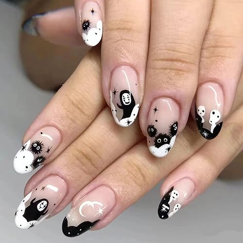 Folmywy Halloween Almond Short Fake Nails Press on Nails Glossy Artificial Nail Ghost Oval Cute Easter Festival Decoration Sets for Women Gilrs 24Pcs