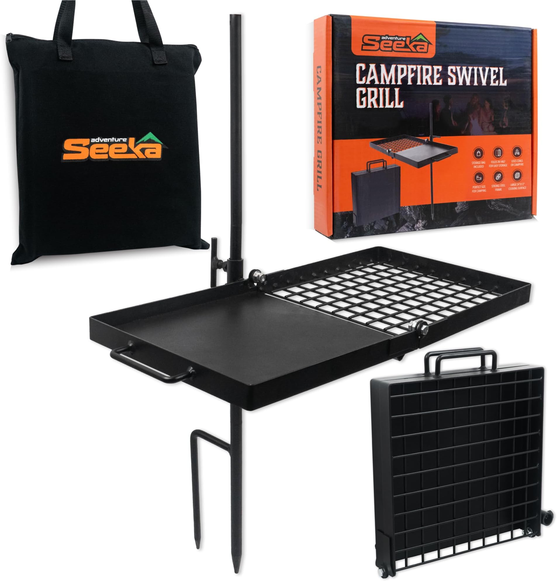 Adventure Seeka 24" Heavy Duty Folding Campfire Grill, Compact Swivel Grill Design, Food-Safe Cooking Surface, Grate & Griddle for Campfire Cooking, Australian Owned