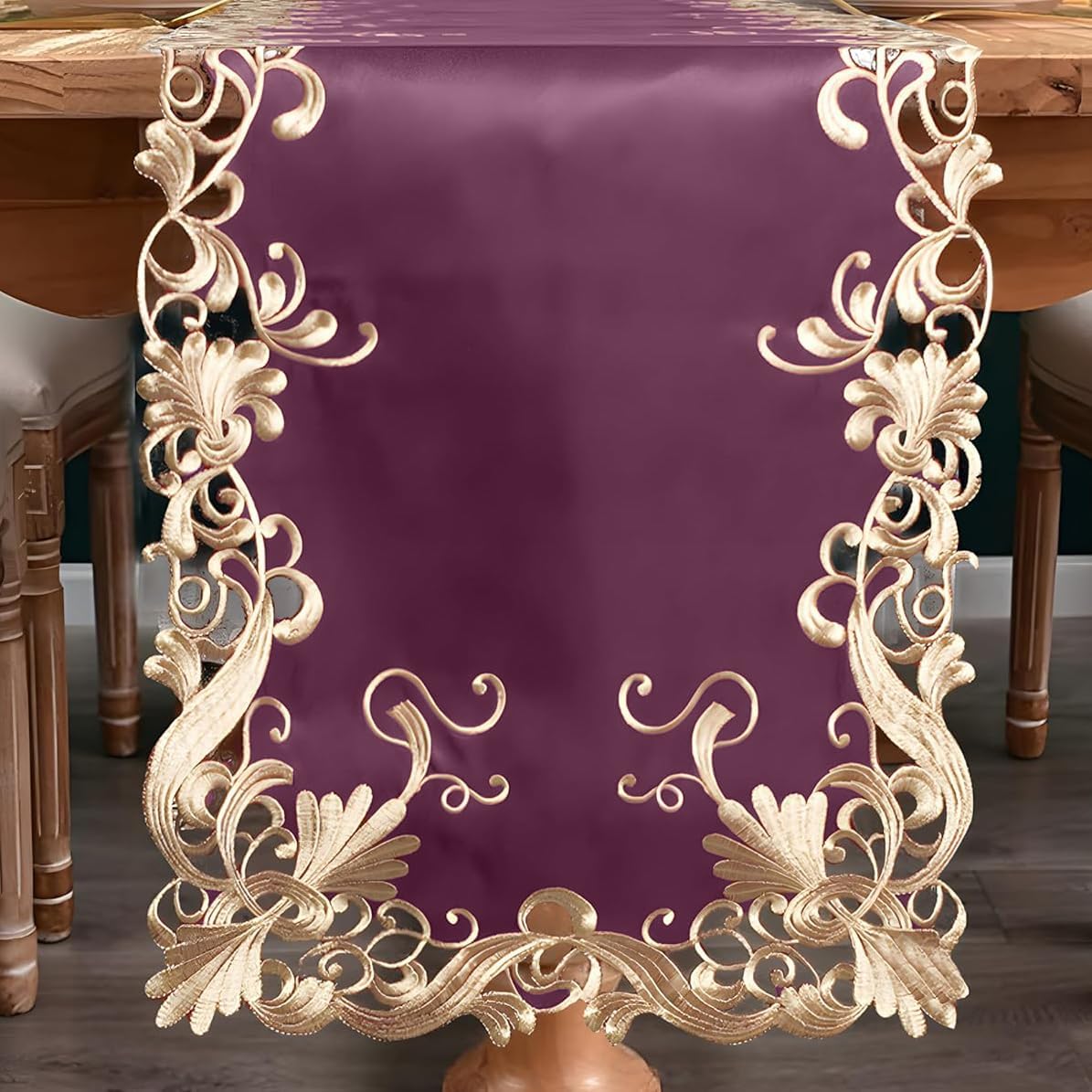 DECOZEN Purple Christmas Table Runner – Embroidered Dining & Dresser Decor Scarf for Holiday Tables, Weddings & Parties – 14 x 108 in Elegant European Falling Petals Collection Gift Idea