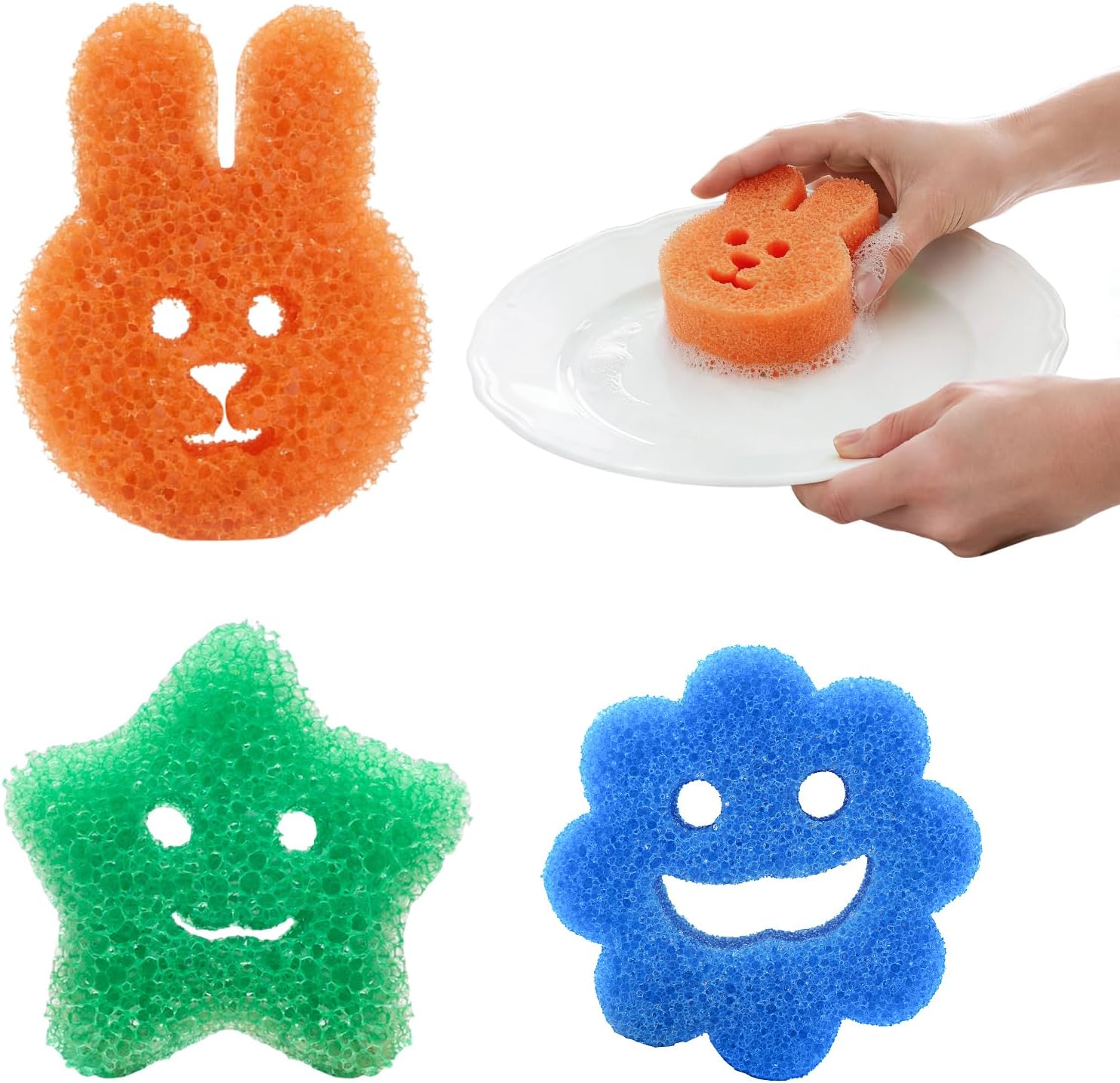 3 Pack Cute Animal Scratch Free Scrub Sponges for Kitchen Dish Cleaning