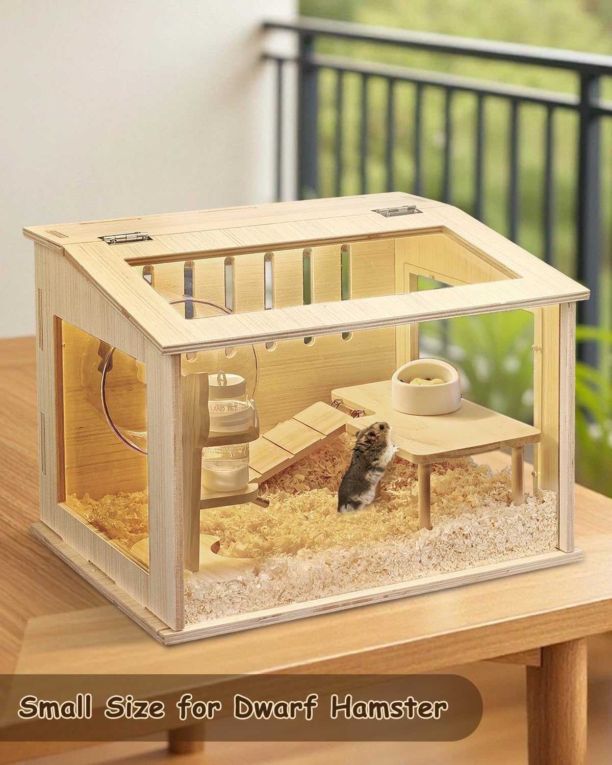 Small Wooden Hamster Cage for Dwarf Hamsters, 15.8" Portable Habitat with Acrylic Panels & Openable Top, Includes Water Bottle & Platform for Robo, Winter White Hamsters & Campbell’s Dwarf Hamsters