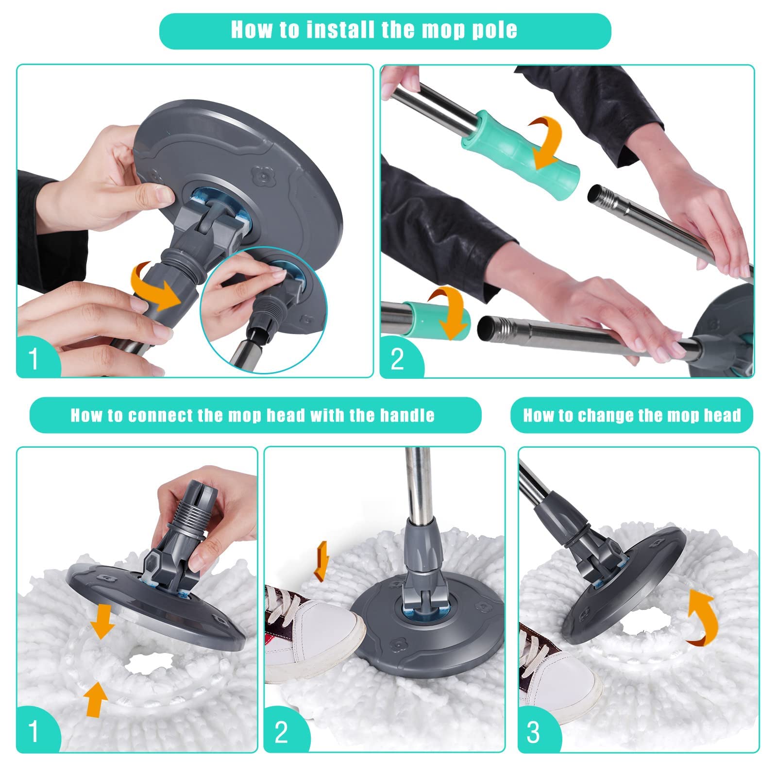Masthome Balai à Frange et Seau à Pédale, Balai Serpillère Rotatif avec Système d'essorage Intégré, Seau Détachable avec 2 Compartiments pour Séparer l'eau Sale, Envoyer 6 Recharge en Microfibre, 6L