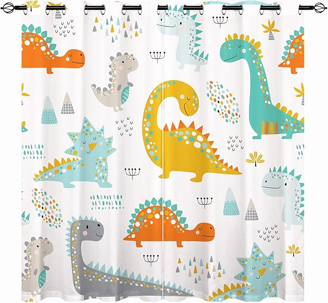 YUANZU Kids Dinosaur Curtains - Boys Girls Eyelet Blackout Colorful Cute Dino Animals Print Pattern Thermal Insulated Room Darkening Window Drapes for Nursery Baby Bedroom 2 Panels W117cm x D137cm