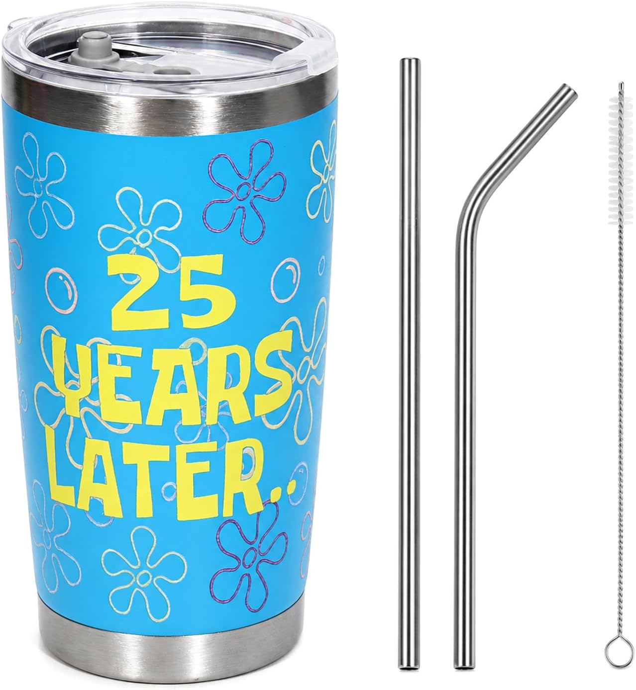 Cute Glass Cups with Lids and Straws - Flowers and Bubbles Iced Coffee Cup for Adults, Unique Gifts for Women Men, Funny Unique Decor Party Birthday Decorations (25 years later)