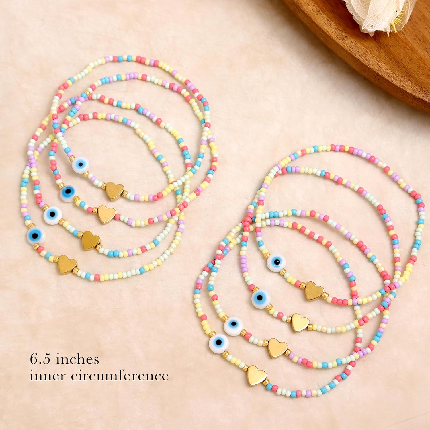 Heart Evil Eye Stack Bracelets Set for Women, 8Pcs Boho Handmade Stackable Colorful Small Beaded Stretch Bracelets Party Jewelry Gift - Image 3