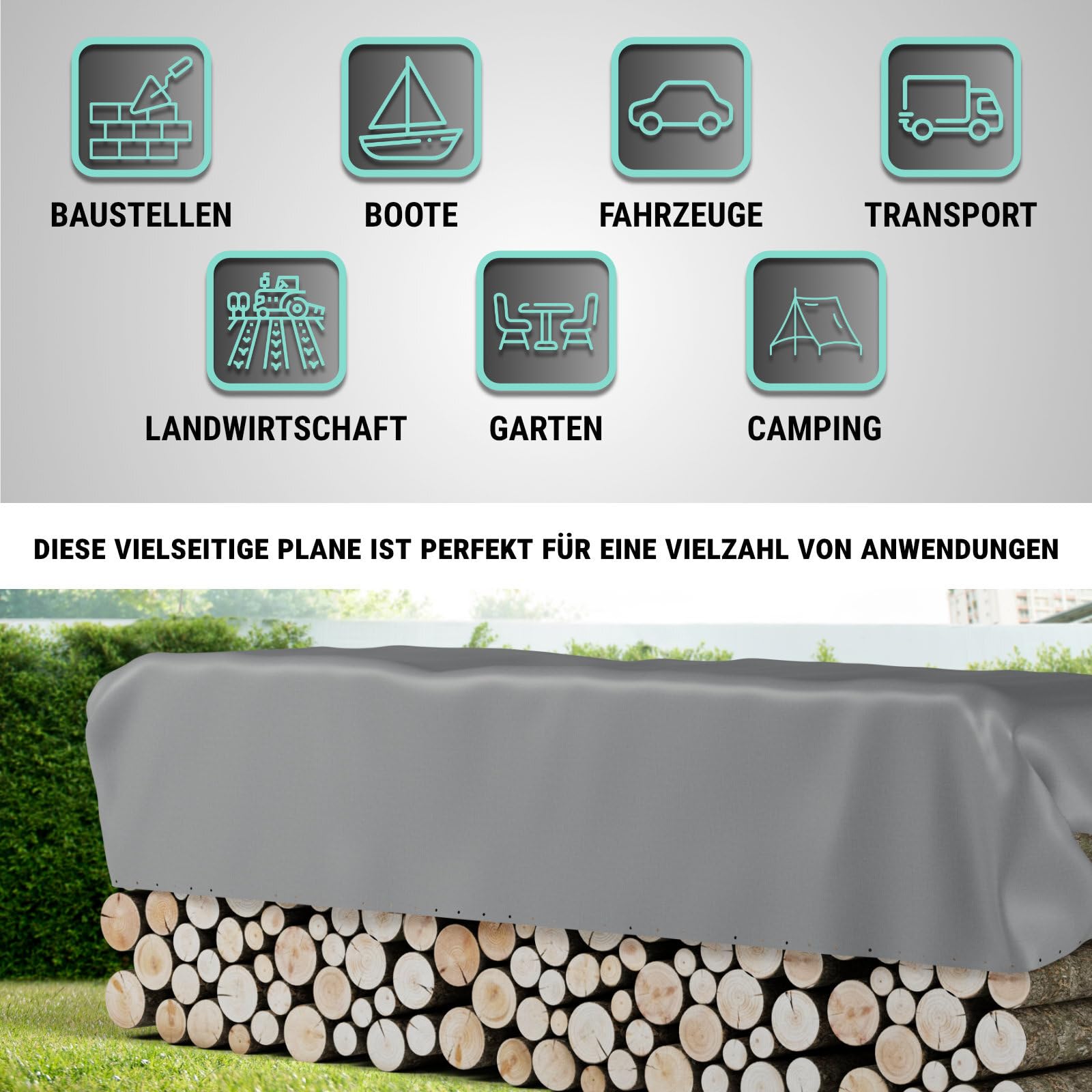 Allzweck-Abdeckplane 4,0x6m - 260g/m² Grau UV-resistent, wasserfest, PE/PVC, reißfest, für Außen & Innen, mit Alu-Ösen