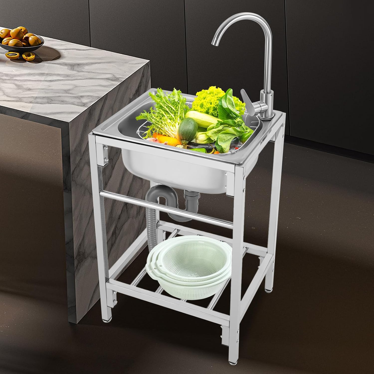 Stainless Steel Freestanding Single Bowl Basin Sink with Hot Cold Faucet and Storage Shelves Commercial Hand Wash Basin Sink For Laundry Kitchen Utility Single Bowl (19.6x15.7x29.5 Inch)