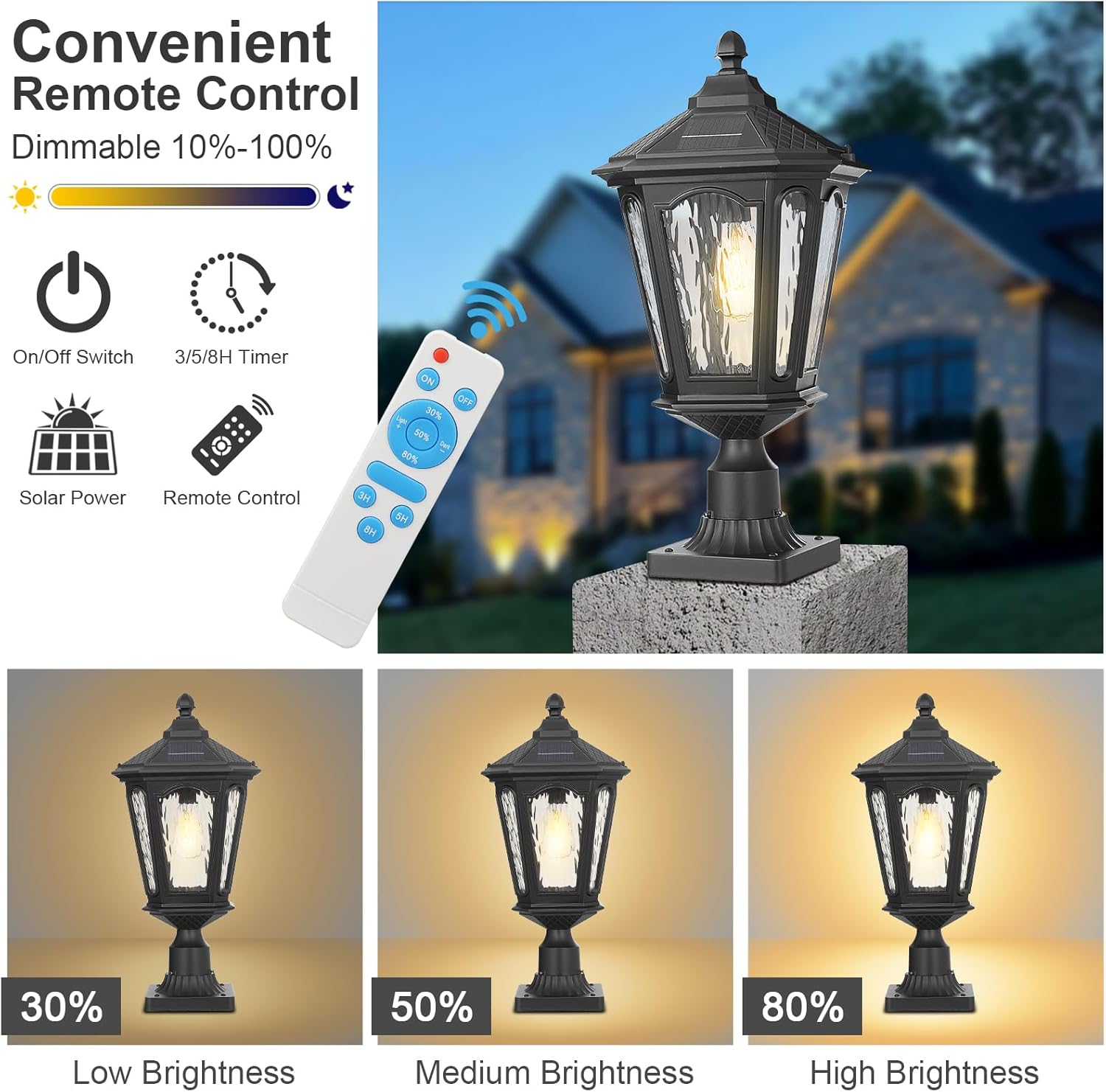 Black Solar Outdoor Post Light Fixture 21 inches Large Dusk to Dawn LED Pole Lamp Waterproof Exterior Pillar Lantern Post Lighting Remote Control for Pathway Garden Patio Gargae