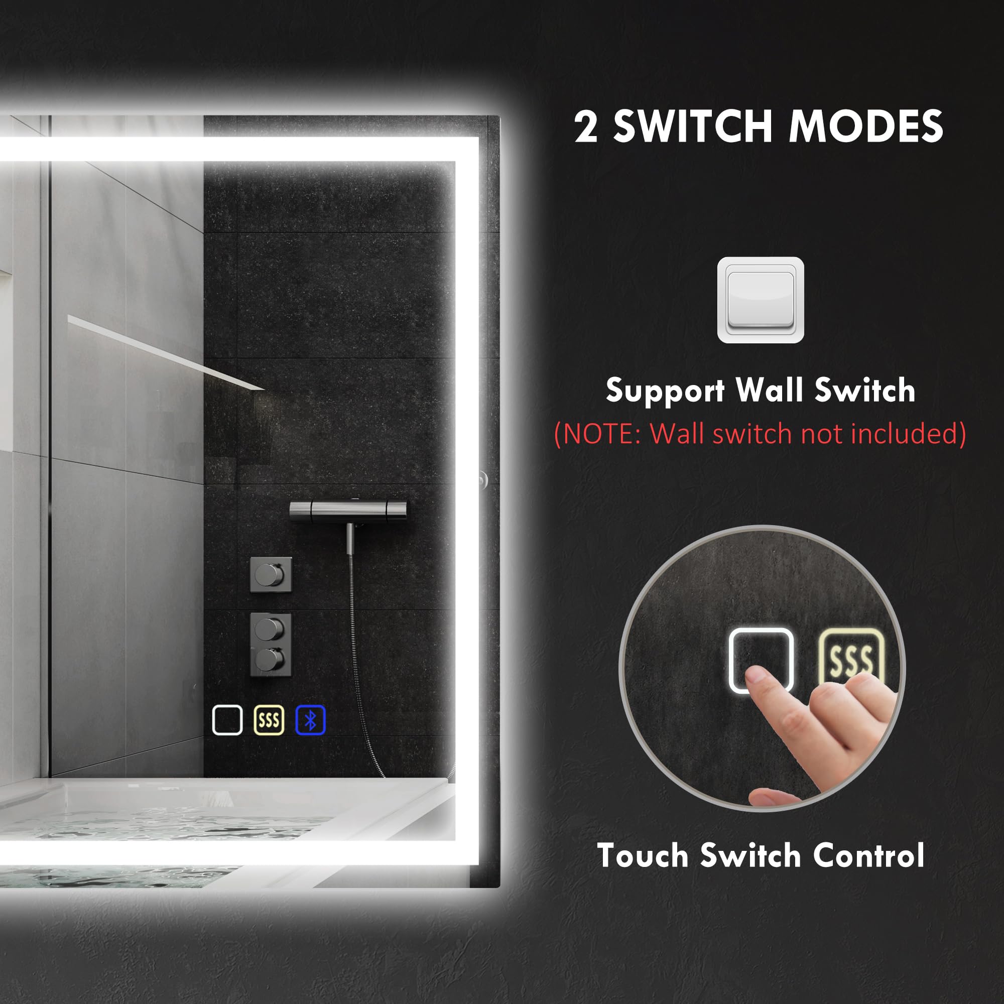 HOMCOM Specchio da bagno bluetooth con illuminazione LED 80 x 100 cm, specchio da bagno a parete illuminato con interruttore sensibile al tocco, luce regolabile in 3 colori, antiappannamento, memoria