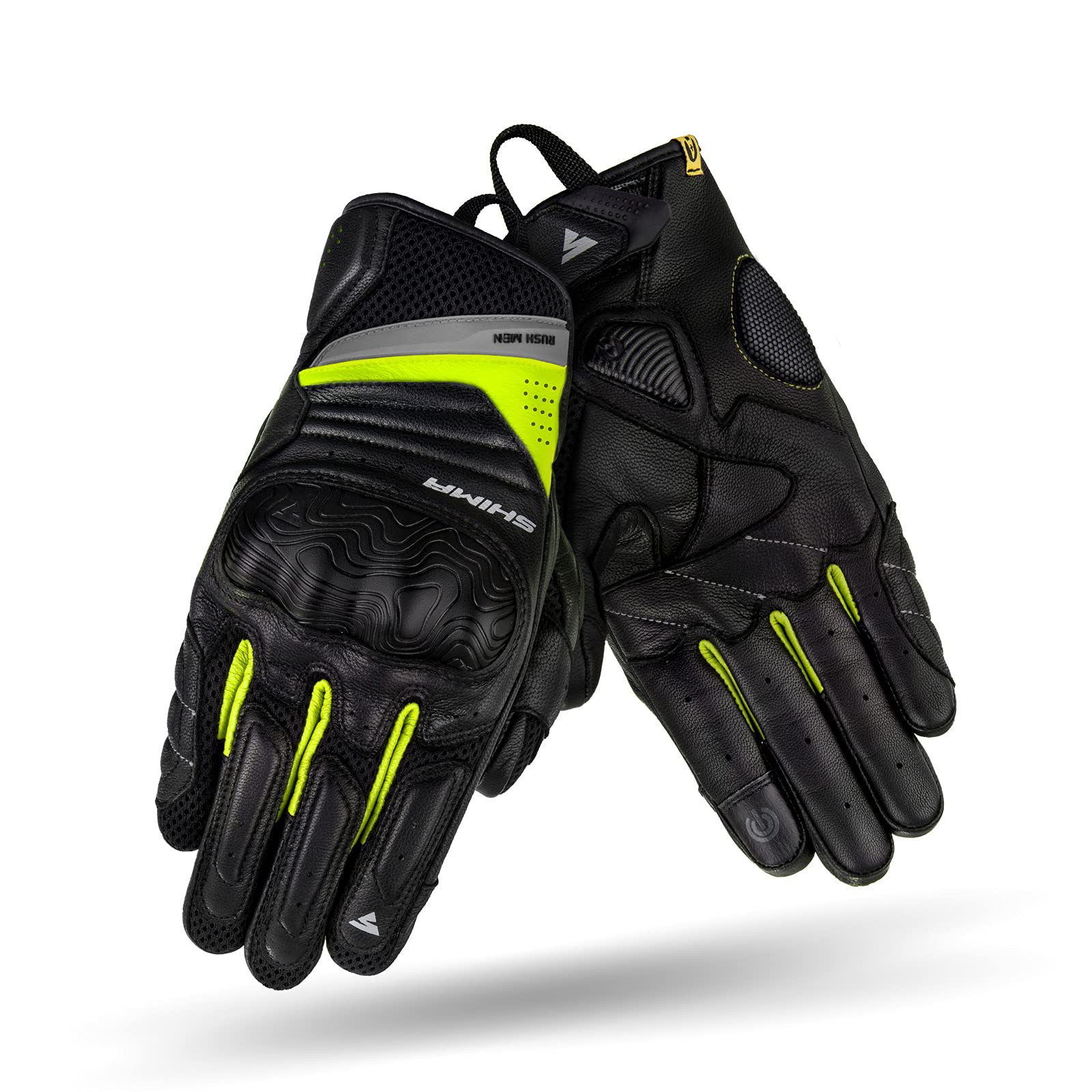 SHIMA RUSH GLOVES Men FLUO, skórzane krótkie rękawice motocyklowe z ochraniaczami (Fluo, XXL)