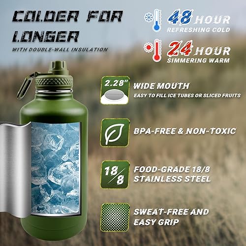 Miniatura 21 de Botella de agua aislada de 32 onzas, jarra de agua negra militar de acero inoxidable con manga, botellas de agua para gimnasio para hombres,