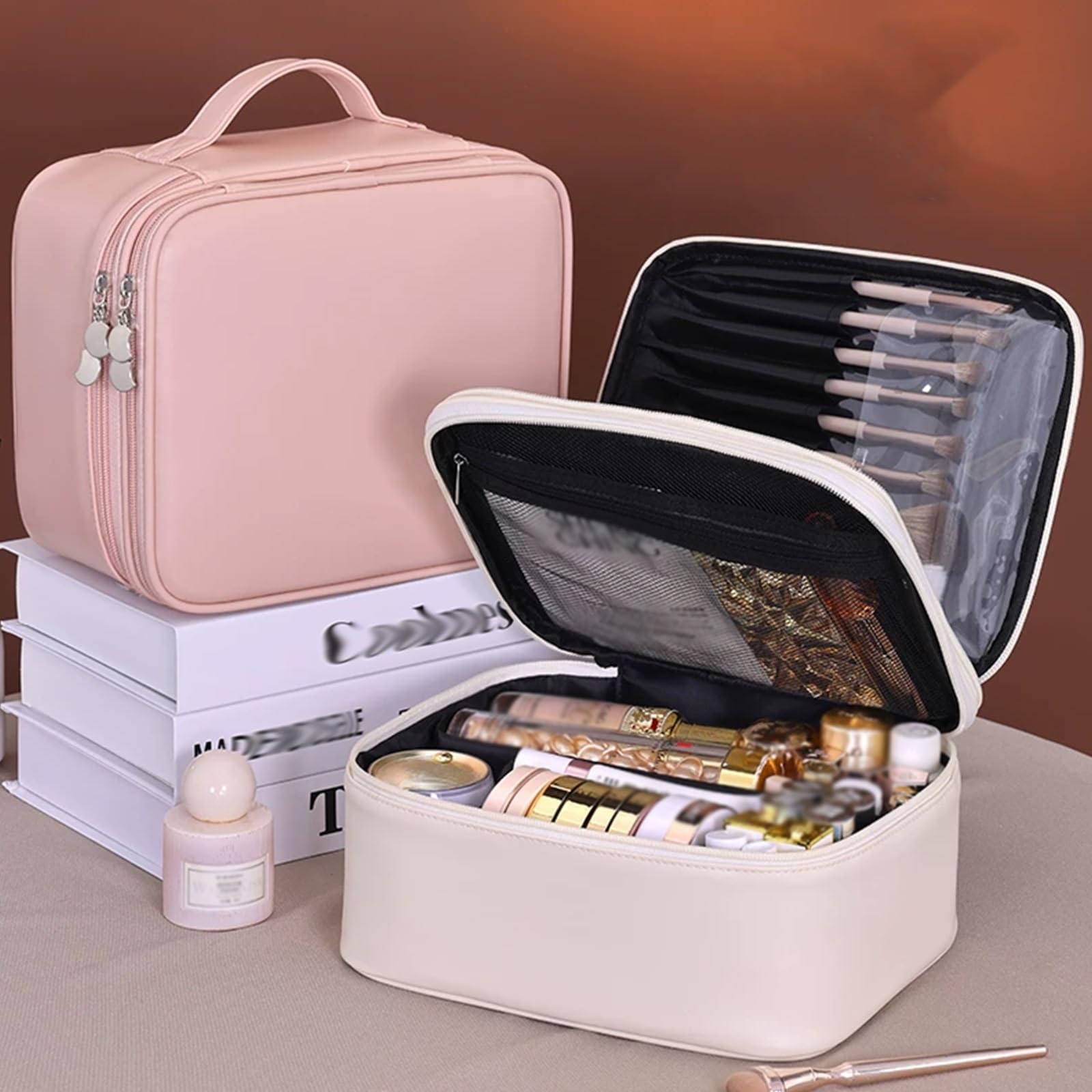 Borsa Trucco, Trucco Pochette da Toilette, con Maniglia, Realizzata in Resistente Materiale PU, con Doppio Scomparto Interno Chiusura a Cerniera, per Il Trucco e Gli Accessori(Pink)