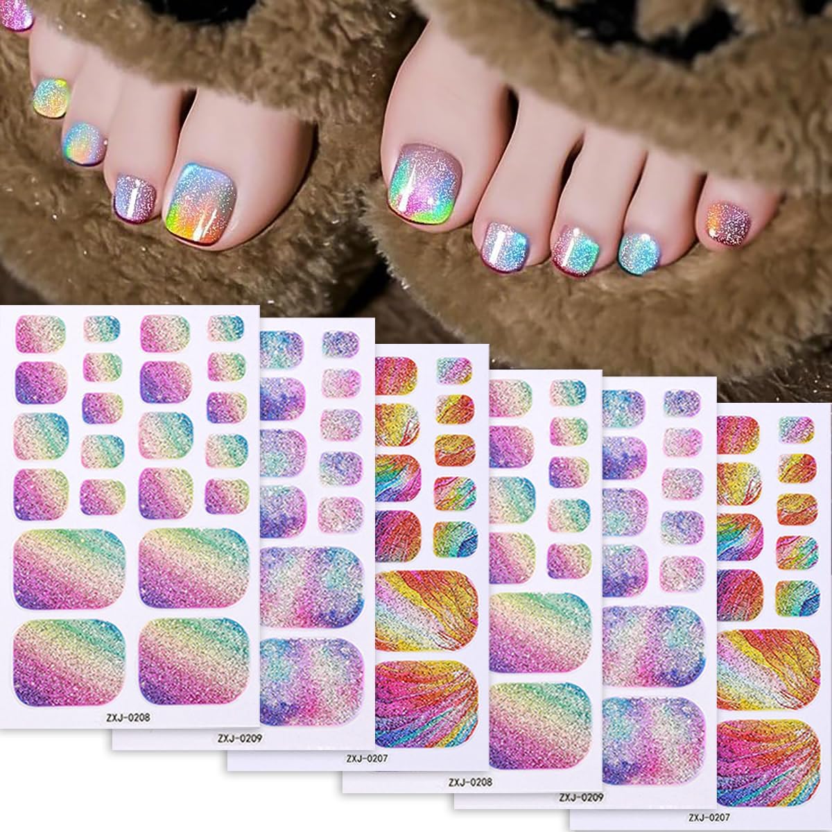 6 Sheets Dopamine Rainbow Glitter Toe Nail Wraps, Gradient Shimmer Full Cover Toenail Stickers, Self Adhesive Summer Nail Polish Strips, 3D Colorful Toe Nail Decals for Women DIY Manicure Decorations