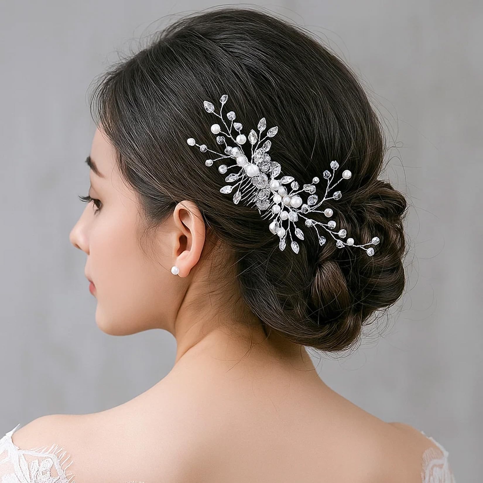 Silver Pearl Bridal Hair Clips with Floral Comb, Handcrafted Crystal Rhinestone Hairpins - Image 2