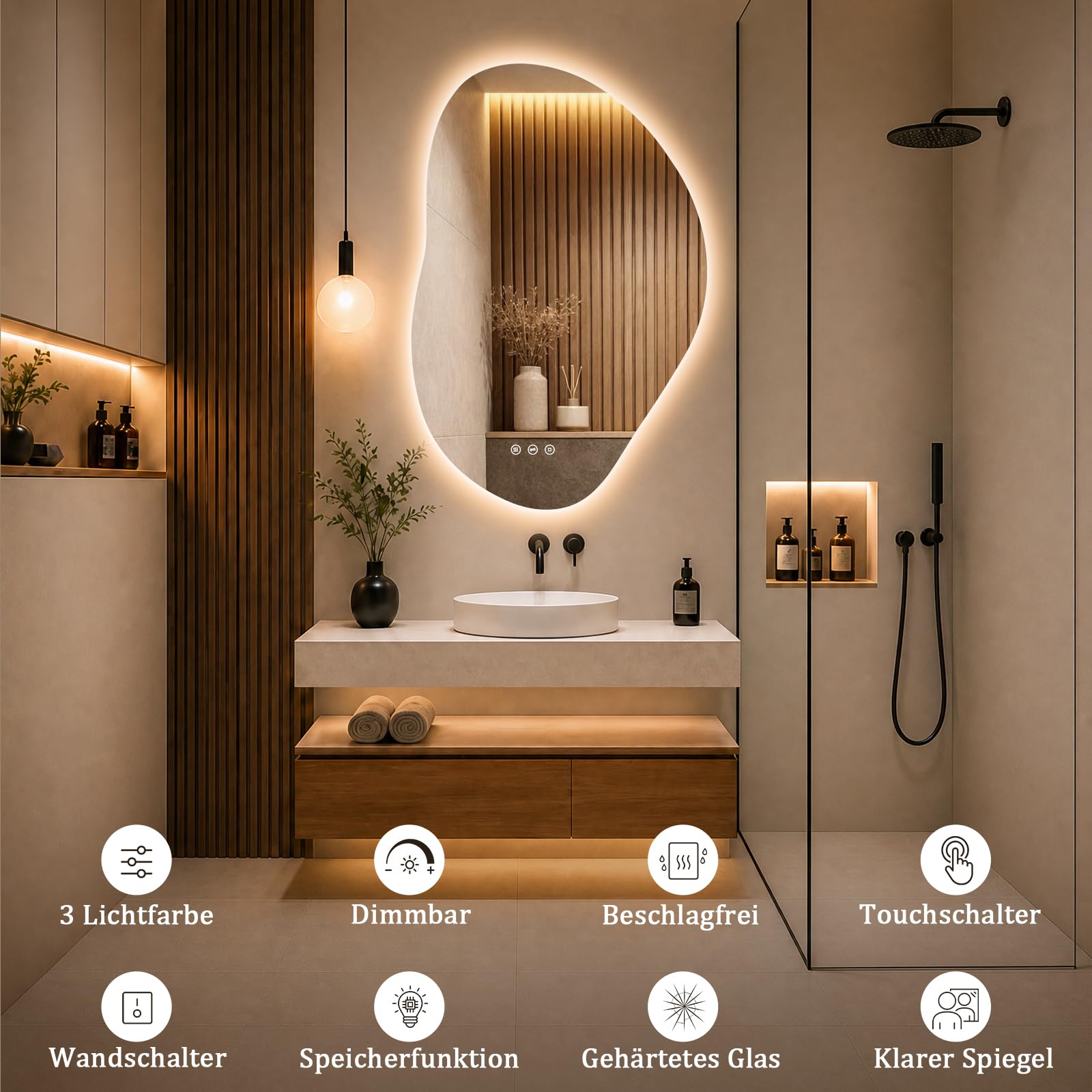 Miroir asymétrique avec éclairage, miroir de salle de bain LED avec interrupteur tactile, 3 couleurs de lumière à intensité variable, anti-buée, miroir de salle de bain avec éclairage 80 x 53