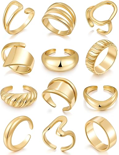 Chunky Gold Stackable Rings for Women Non Tarnish, 18K Gold-Plated