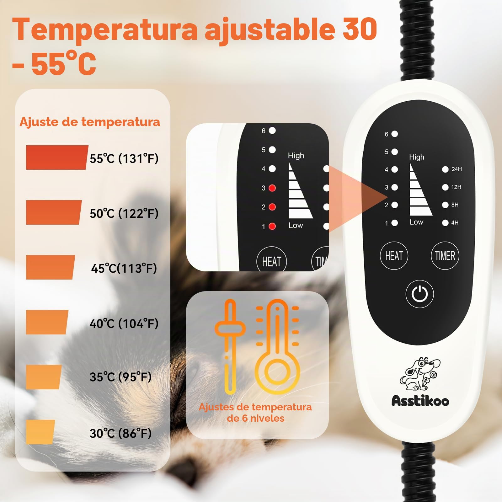 Manta térmica para Gatos y Perros, Almohadilla Eléctrica para Anti-mordida Ajustable Temporizador y Temperatrue con 4 temporizadores y 6 Niveles de Temperatura 30-55 ℃ (L- 70 * 45 cm)