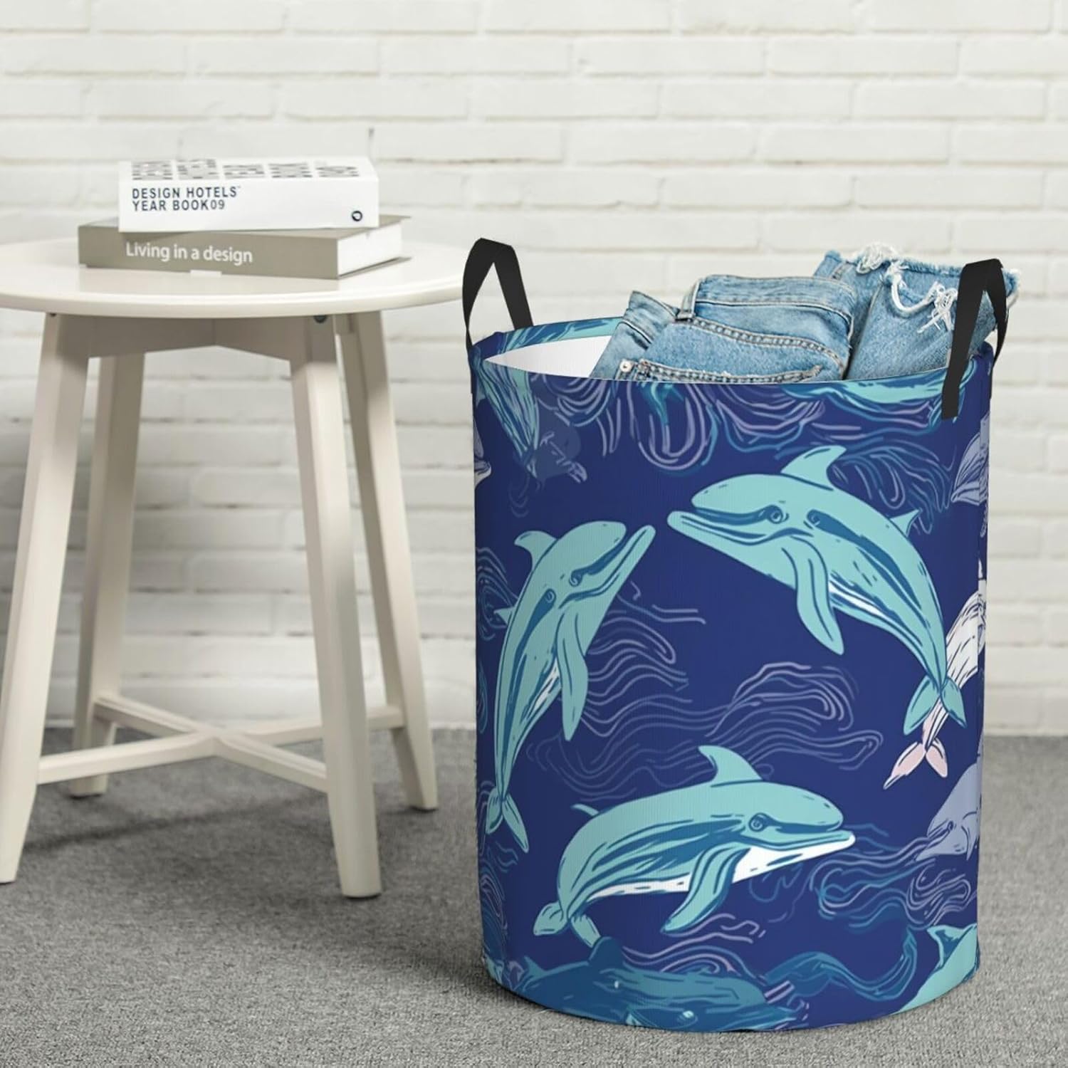 Dolphin Laundry Basket With Handles, Foldable Laundry Hamper Oxford Cloth Dirty Clothes Basket Waterproof Clothes Toys Storage Bin Organizer for Bedroom Bathroom Dorm