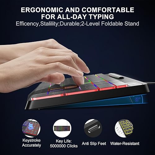 Miniatura 3 de Teclado de computadora con cable, retroiluminación LED arcoíris de 7 colores, teclado iluminado silencioso con teclas multimedia, teclas de chiclet