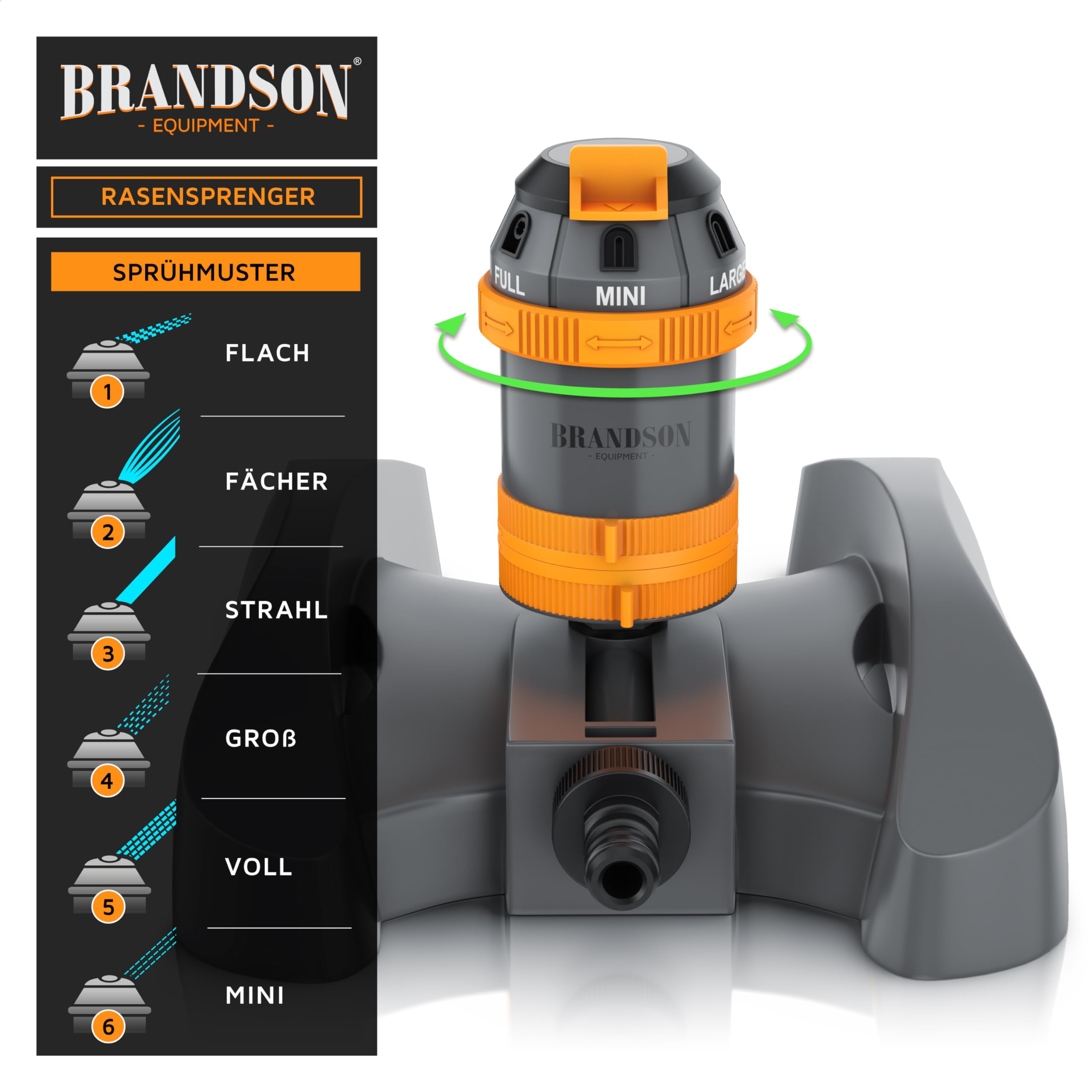 Brandson - Rasensprenger Viereckregner 3/4 Zoll – 6 Sprühmuster – für große Flächen - Einstellbare Sprühhöhe - Oszillation Funktion 360 Grad – Garten Rasensprinkler