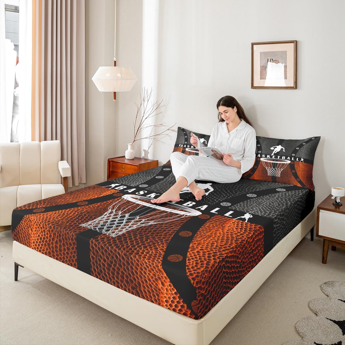 Kids Basketball Fitted Sheet Twin Size,Basketball Court Geometric Patch Bedding Set,Boys Girls Adults Room Decor,Ball Sports Gaming Bed Cover,Orange Black Bright Bed Sheet,1 Pillowcase image 2
