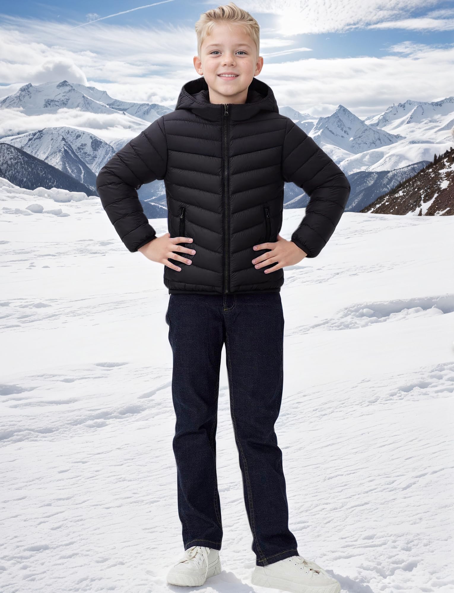 SEAUR Enfant Garçons Manteau Hiver Légère Doudoune à Capuche Manches Longues Chaud Veste Enfant Zippée Noir 11-12 ans