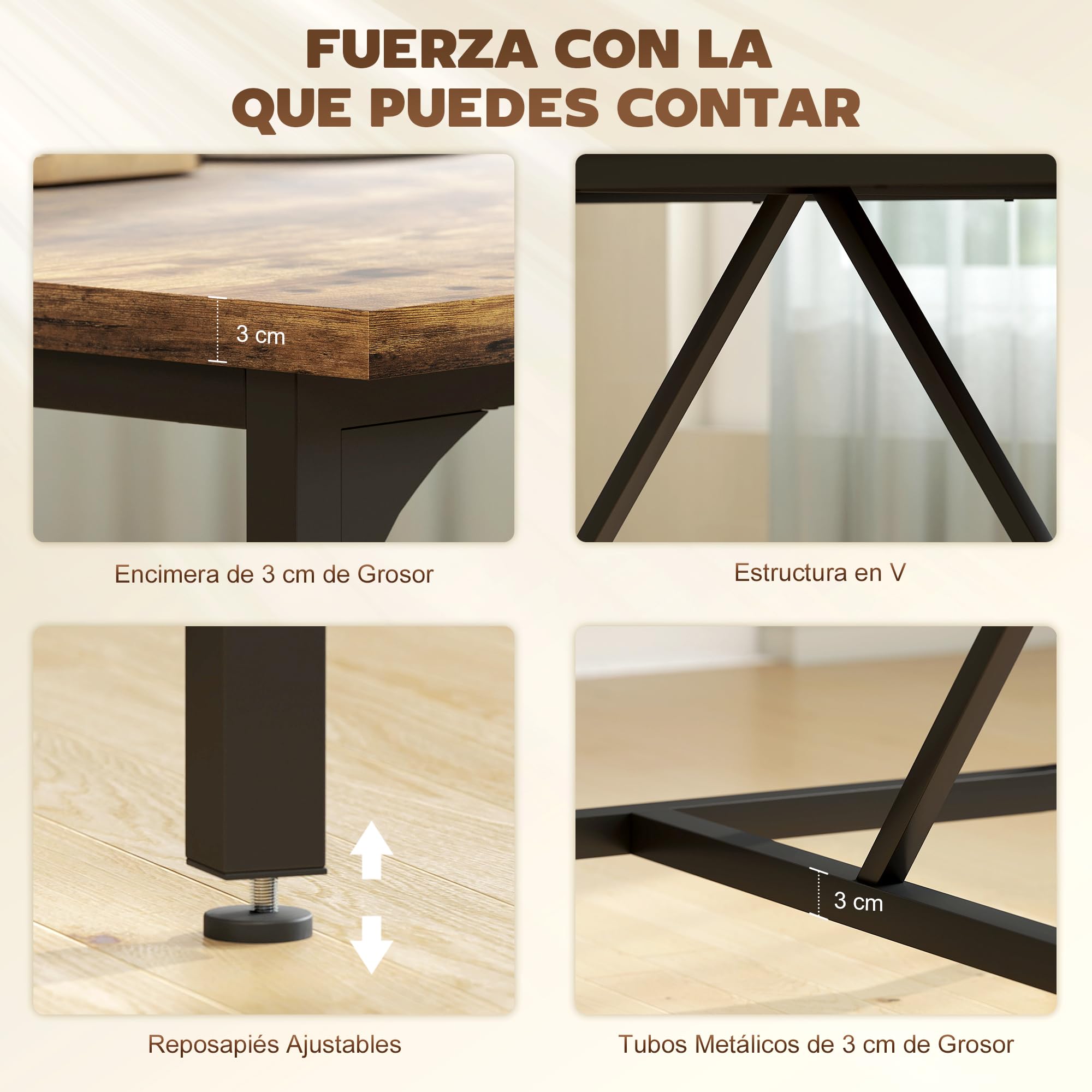 HOMCOM Mesa de Comedor Rectangular 180x80x75,5 cm Marrón Rústico | Para 6-8 Personas, Mesa de Cocina Industrial, Tablero Grueso, Patas de Metal