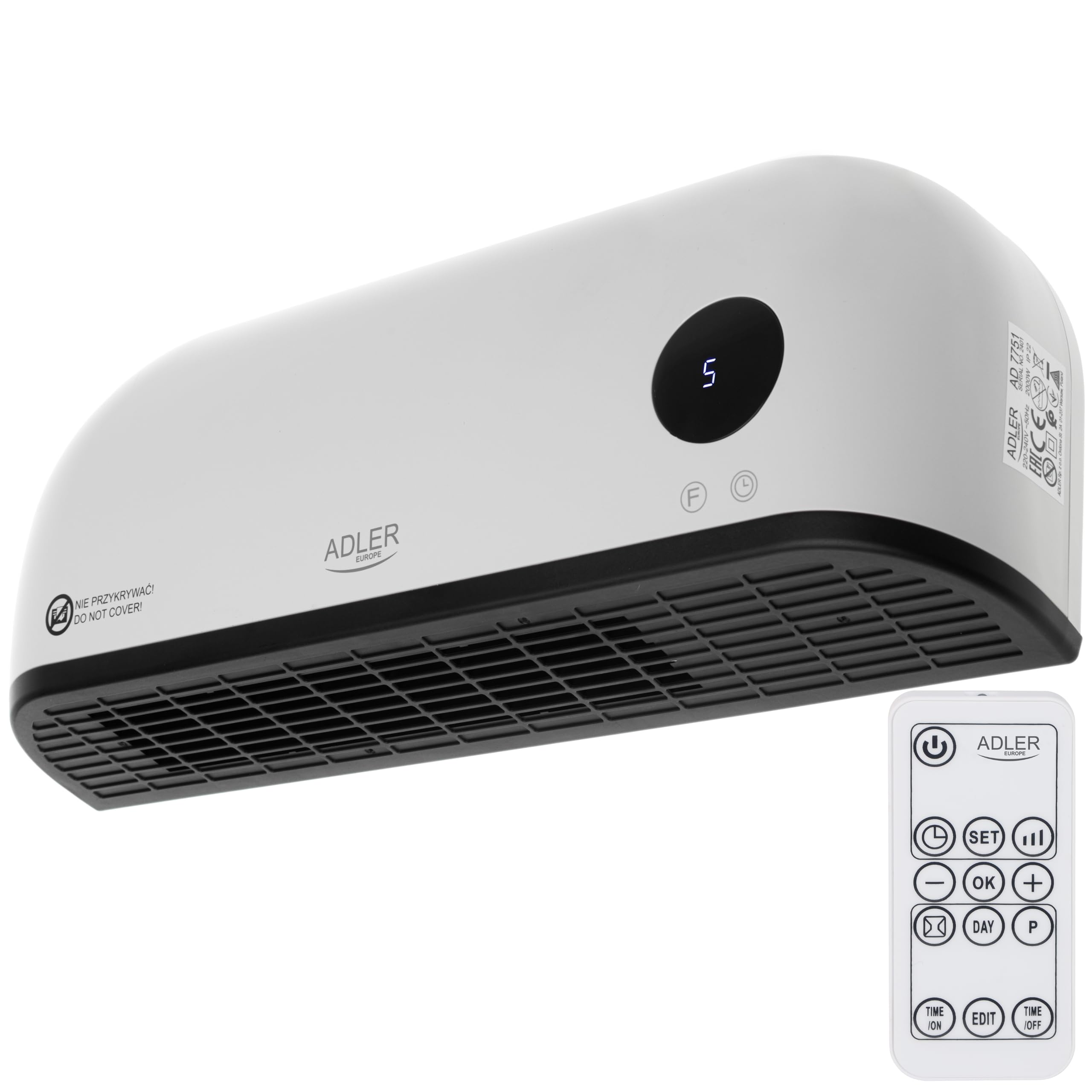ADALER EUROPE Ventilateur mural 2 en 1, ventilateur électrique et machine de chauffage, affichage LED clair, télécommande, élément chauffant en céramique, deux niveaux de chauffage 1000 W/2000 W
