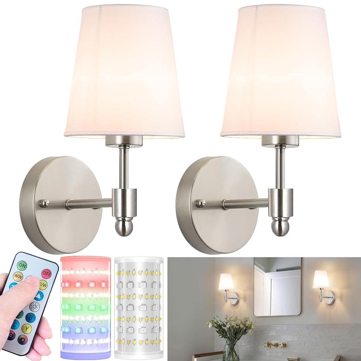 Nekhung Battery Operated Wall Sconces Set of 2, Wireless RGB Rechargeable