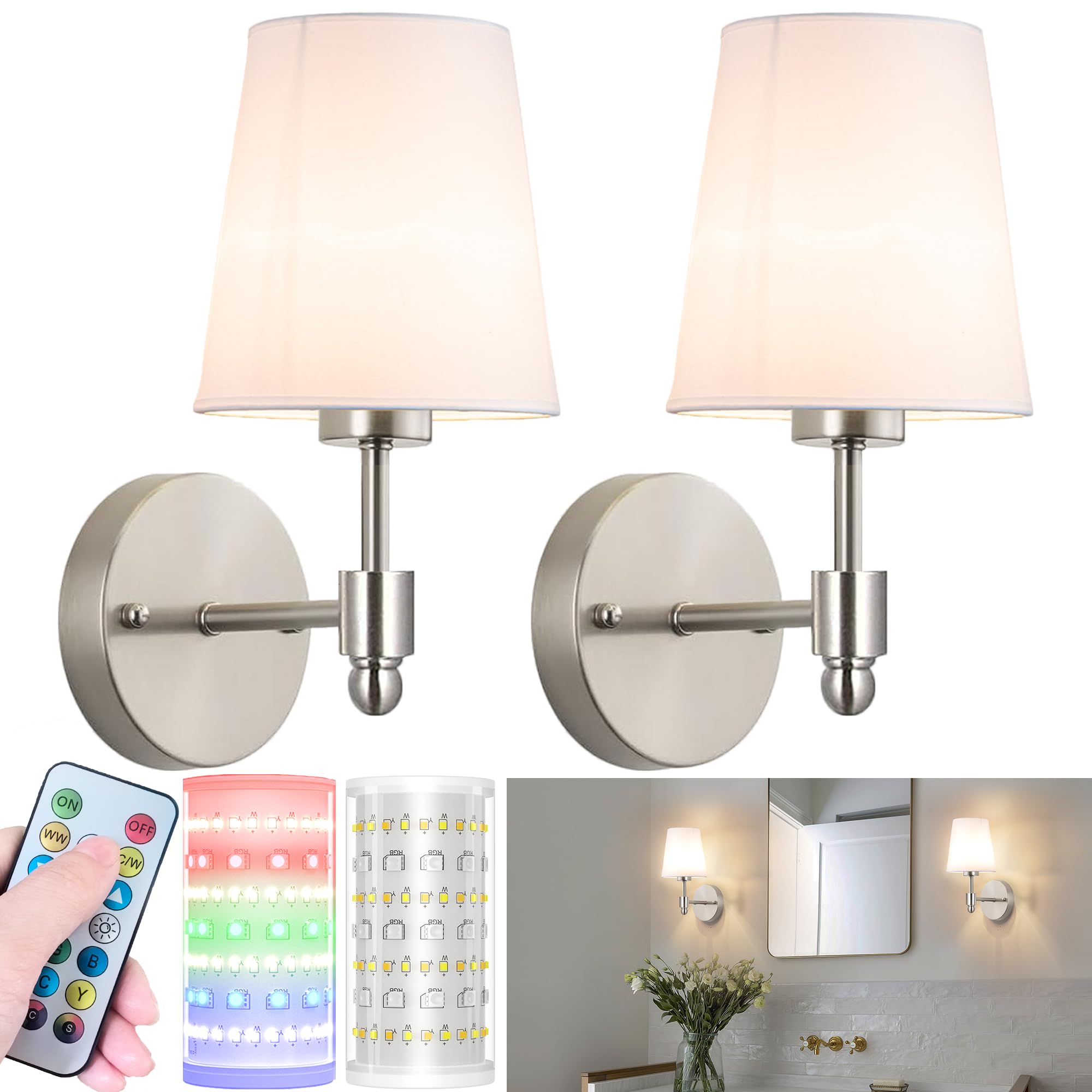 Battery Operated Wall Sconces Set Of 2 Wireless Battery Wall Light With 10000mAh RGB Rechargeable Magnetic Bulb Rechargeable