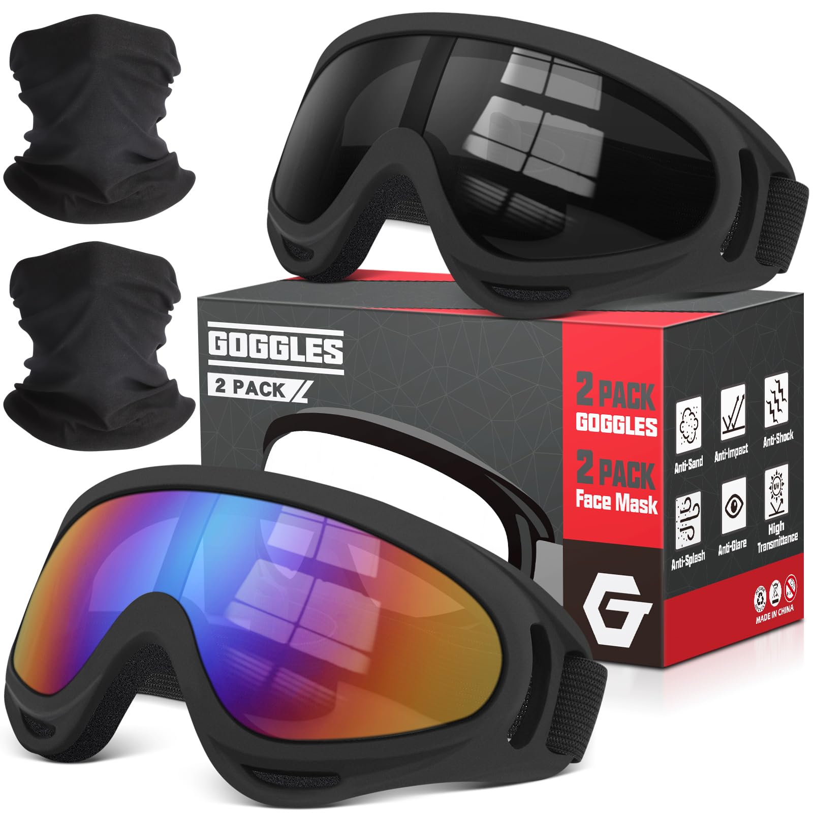 OXG Confezione da 2 occhiali da moto con 2 ghette per collo, protezione UV400, occhiali antipolvere per motocross, ATV, sci