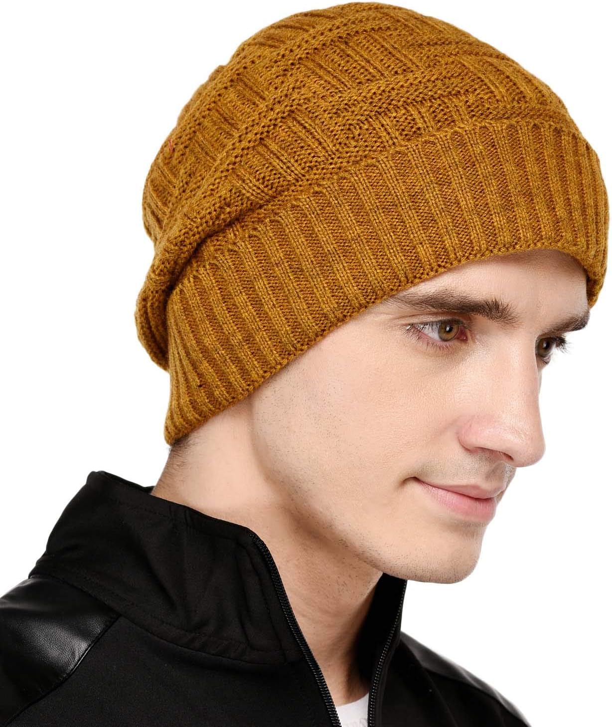 Mustard Yellow Self Design Winter Woolen Beanie Cap