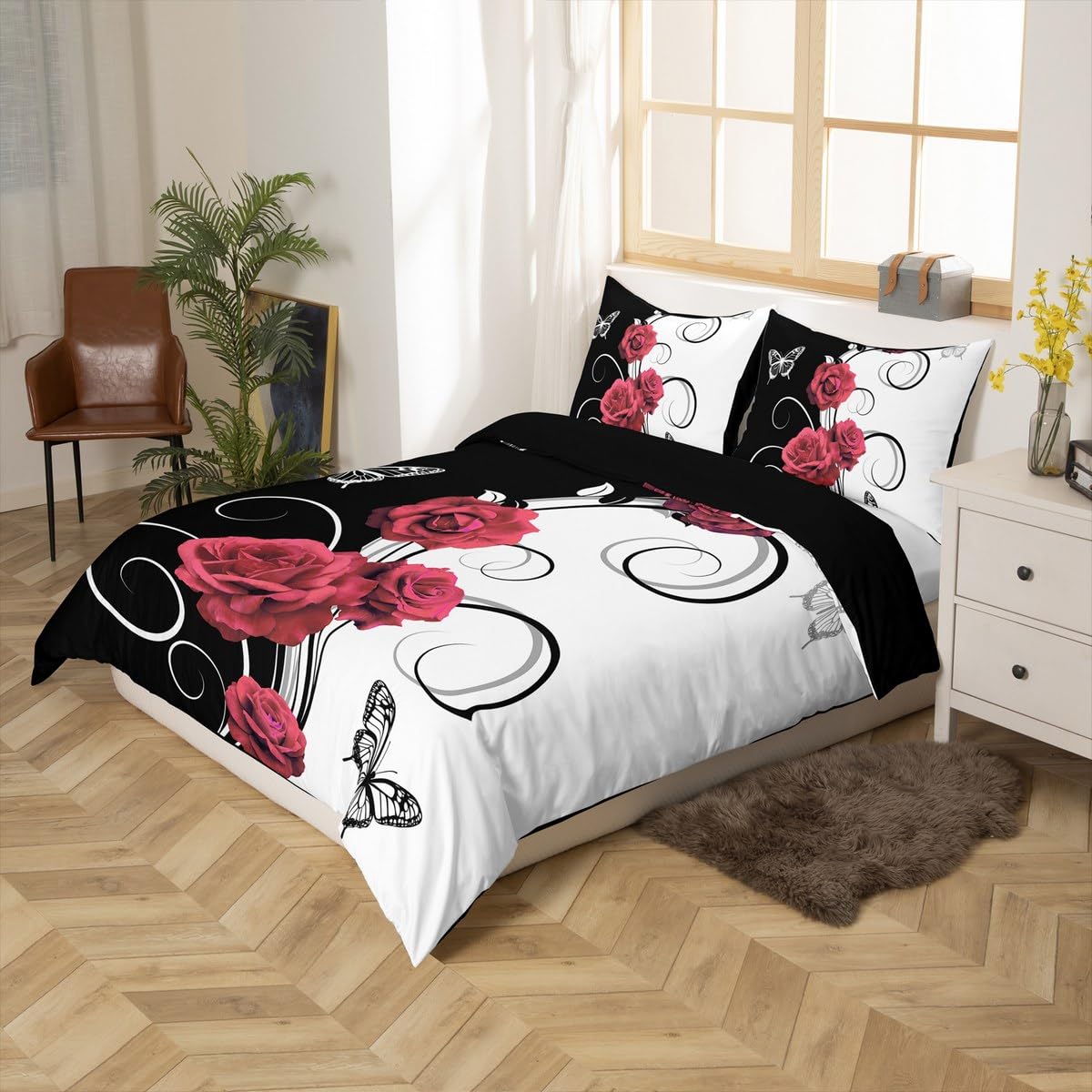 Erosebridal Valentine Day Duvet Cover for Boys Girls,Flower Butterfly Bedding Set Toddler,Pink Rose Bed Sets,Rustic Wildlife Quilt Cover with 1 Pillowcase for Bedroom