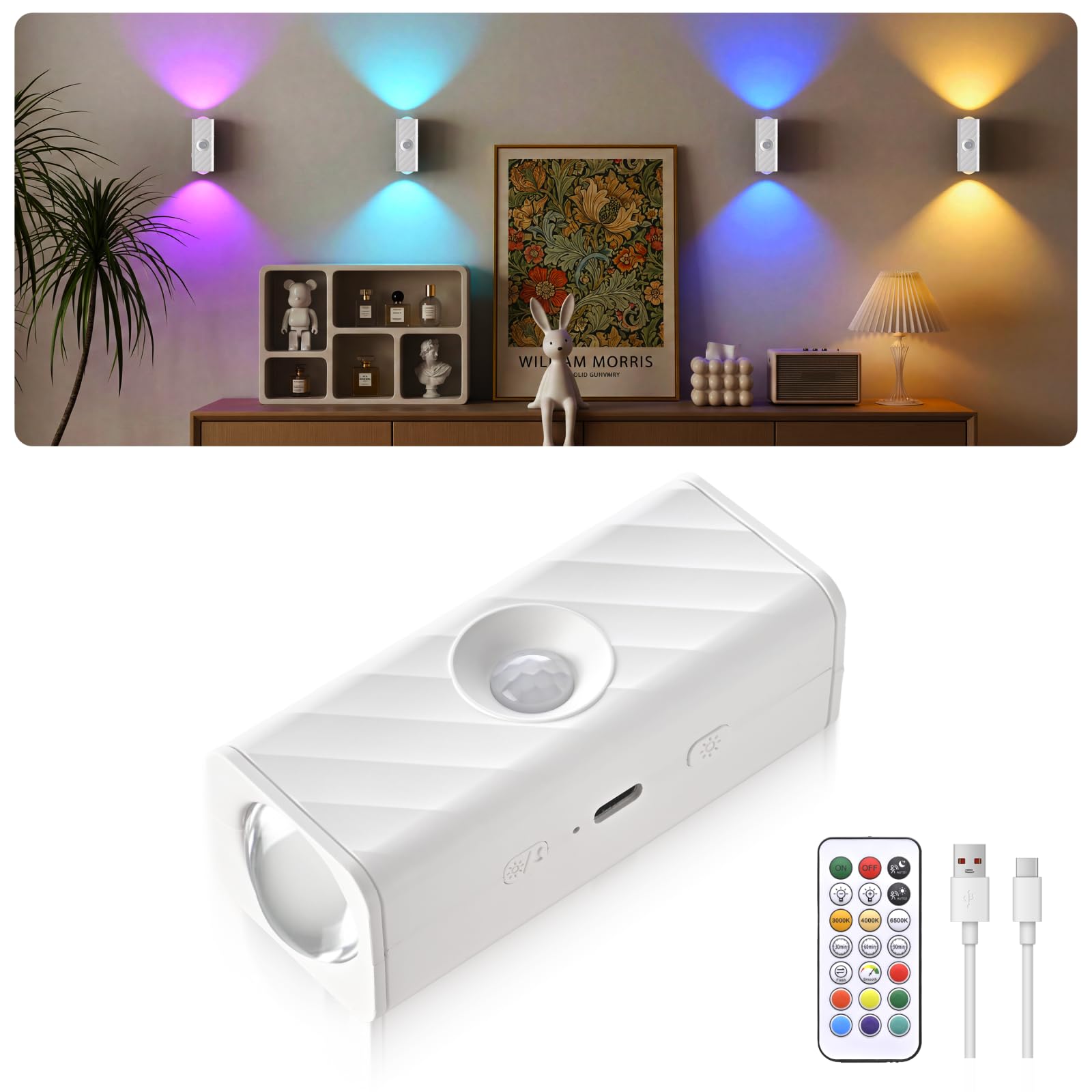 MERTTURM Motion Sensor Night Light, LED Rechargeable Magnetic Stick on Wall Light Indoor with Remote Control/Timer, Wireless 10 RGBW Dimmable Stair/Hallway/Living Room/Bedroom Decor Lamp for Kid Adult — image 1