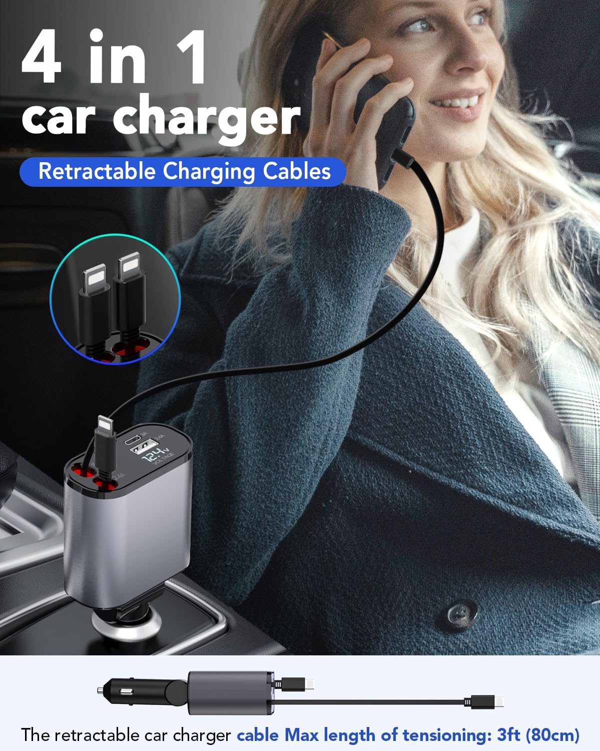 retractable car charger, 4 in 1 fast car phone charger 66w, 2 retractable cables and usb charging, fathers day for gifts dad compatible with iphone 14/13/12/11,usb port for galaxy s25/s24/s23,pixel